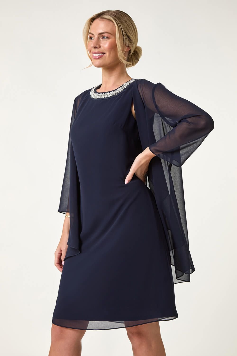 Roman Roman Women's Petite 2 in 1 Neck Trim Shift Dress in Navy - 1