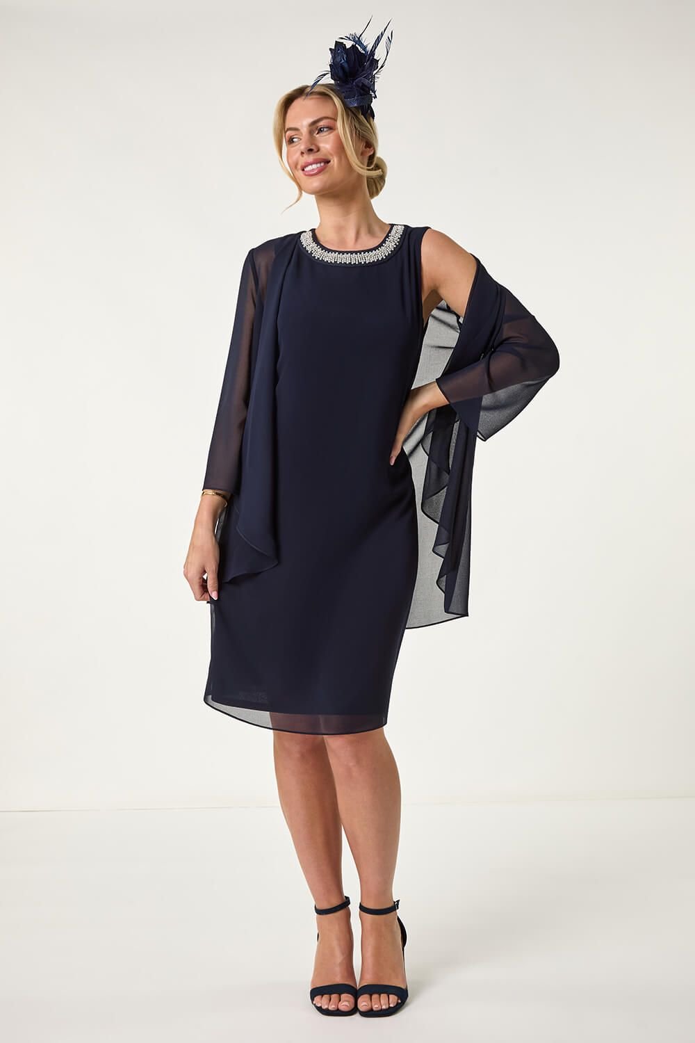 Roman Roman Women's Petite 2 in 1 Neck Trim Shift Dress in Navy - 2
