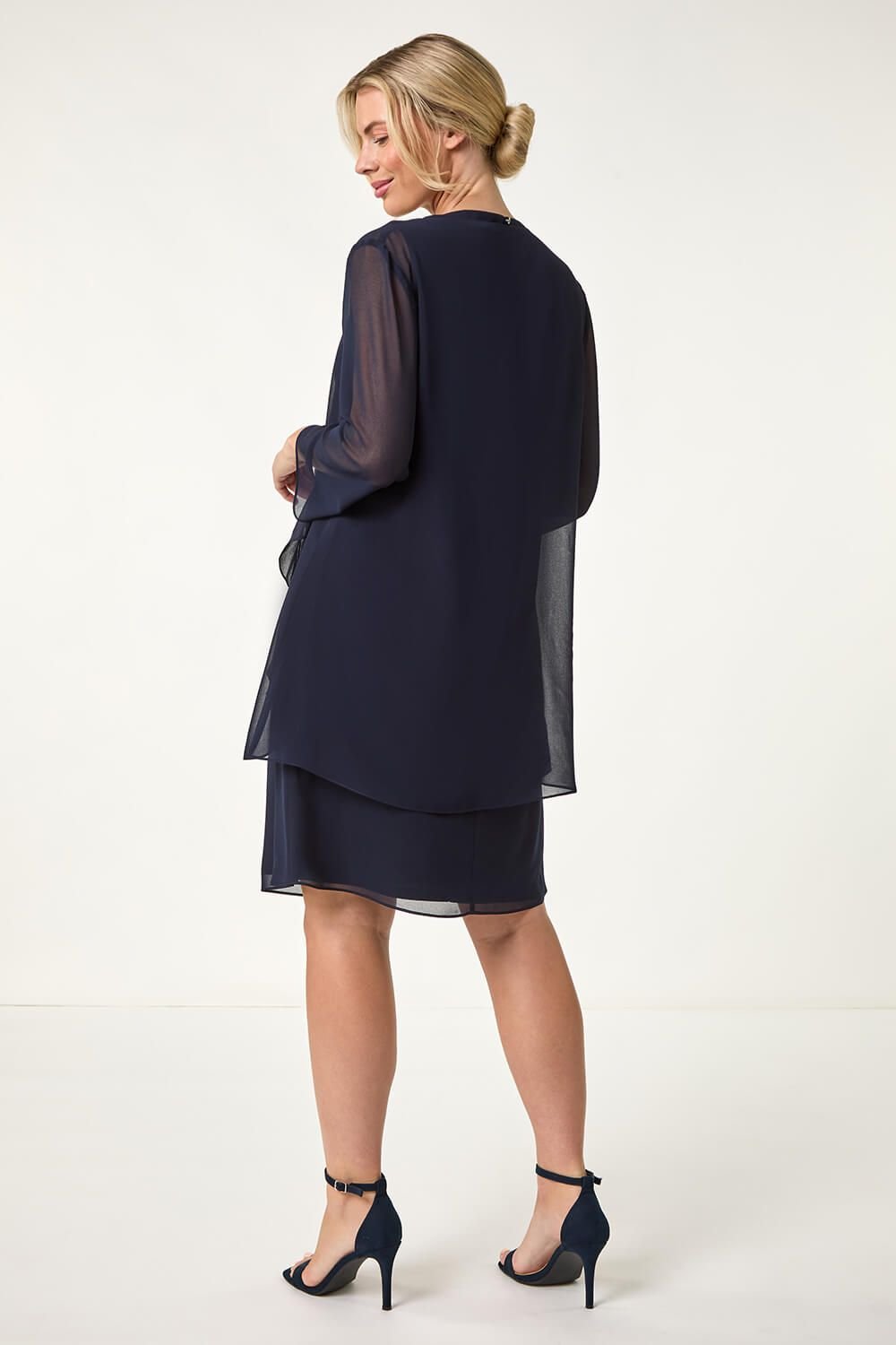 Roman Roman Women's Petite 2 in 1 Neck Trim Shift Dress in Navy - 3