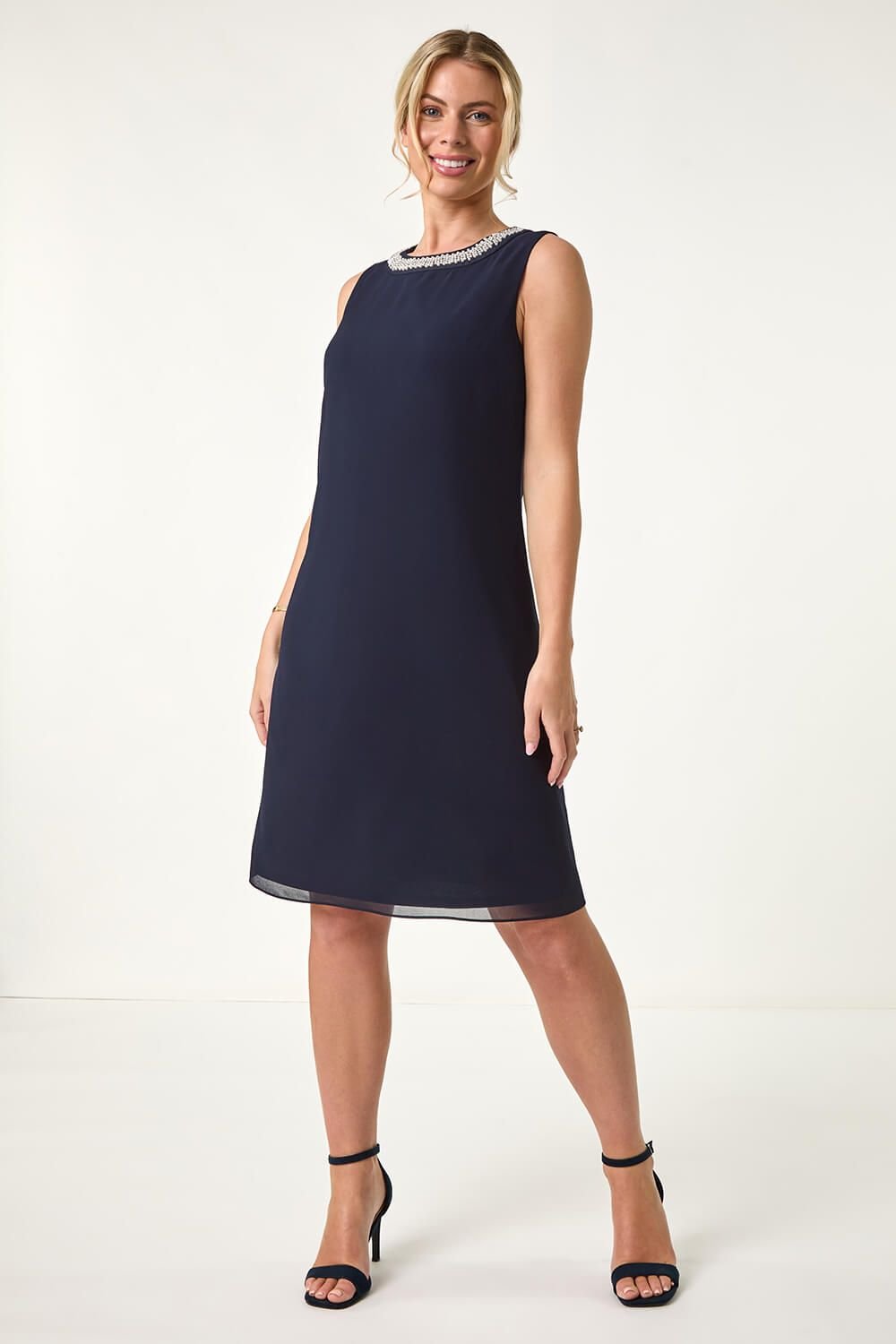 Roman Roman Women's Petite 2 in 1 Neck Trim Shift Dress in Navy - 4