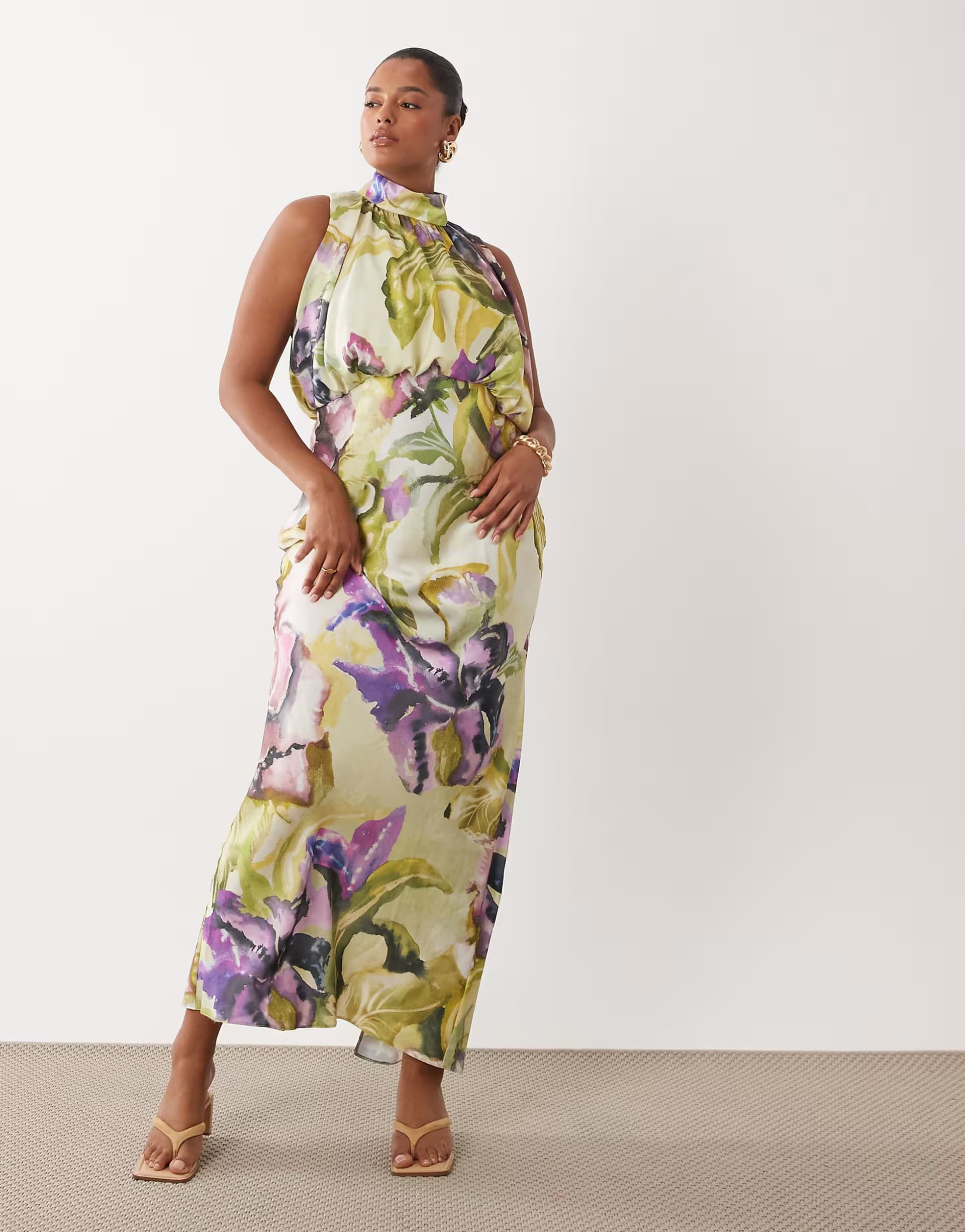 ASOS ASOS DESIGN Curve halter neck blouson satin maxi dress in painted floral print