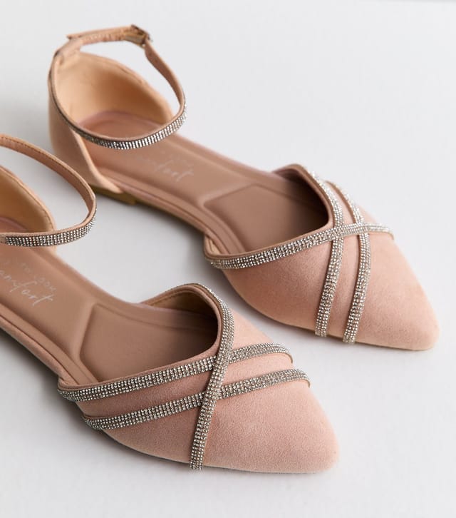 New Look Women's Wide Fit Light Pink Faux Suede Bling Ballerina Pumps Vegan New Look - 3