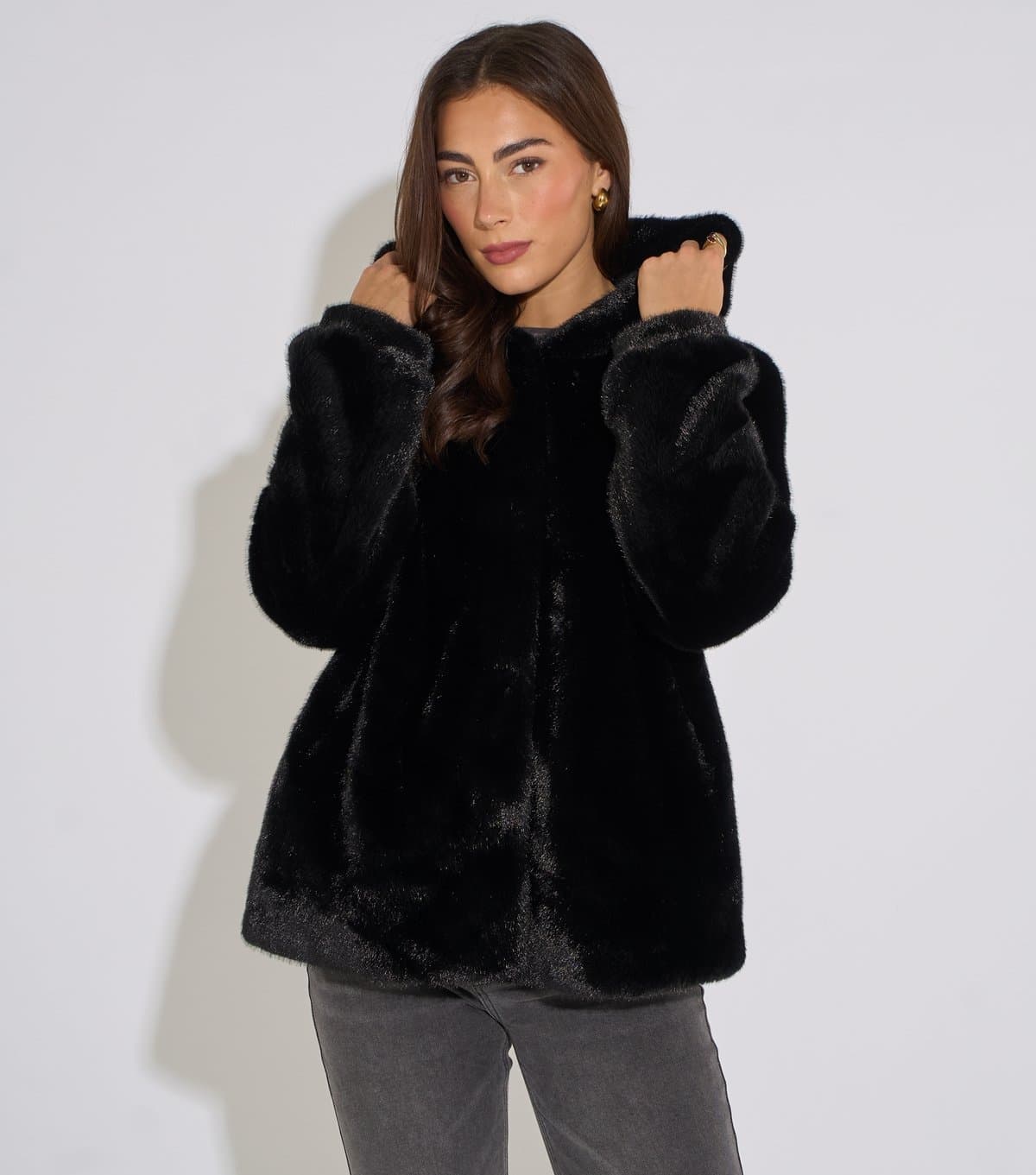 Gini London Women's Black Faux Fur Hooded Midi Jacket Gini London New Look