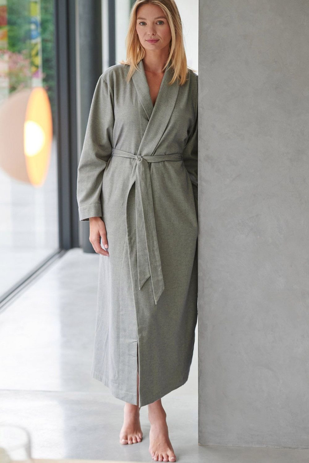 British Boxers British Boxers Women's "Orkney" Herringbone Brushed Cotton Dressing Gown in Light Green - 3