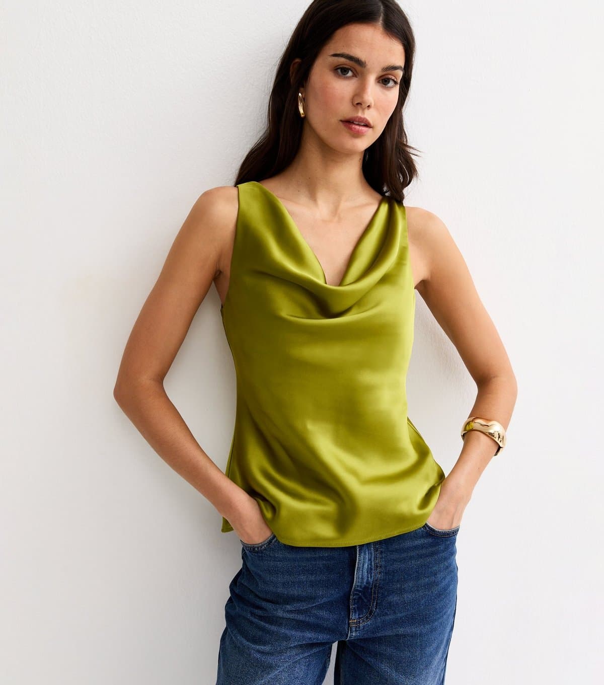 New Look Women's Green Satin Cowl Neck Cami Top New Look