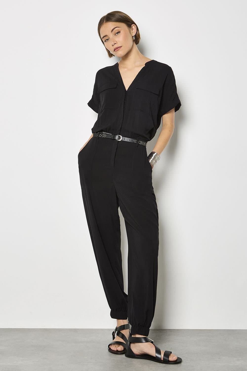 Apricot Apricot Women's Soft Woven Utility Jumpsuit in Black