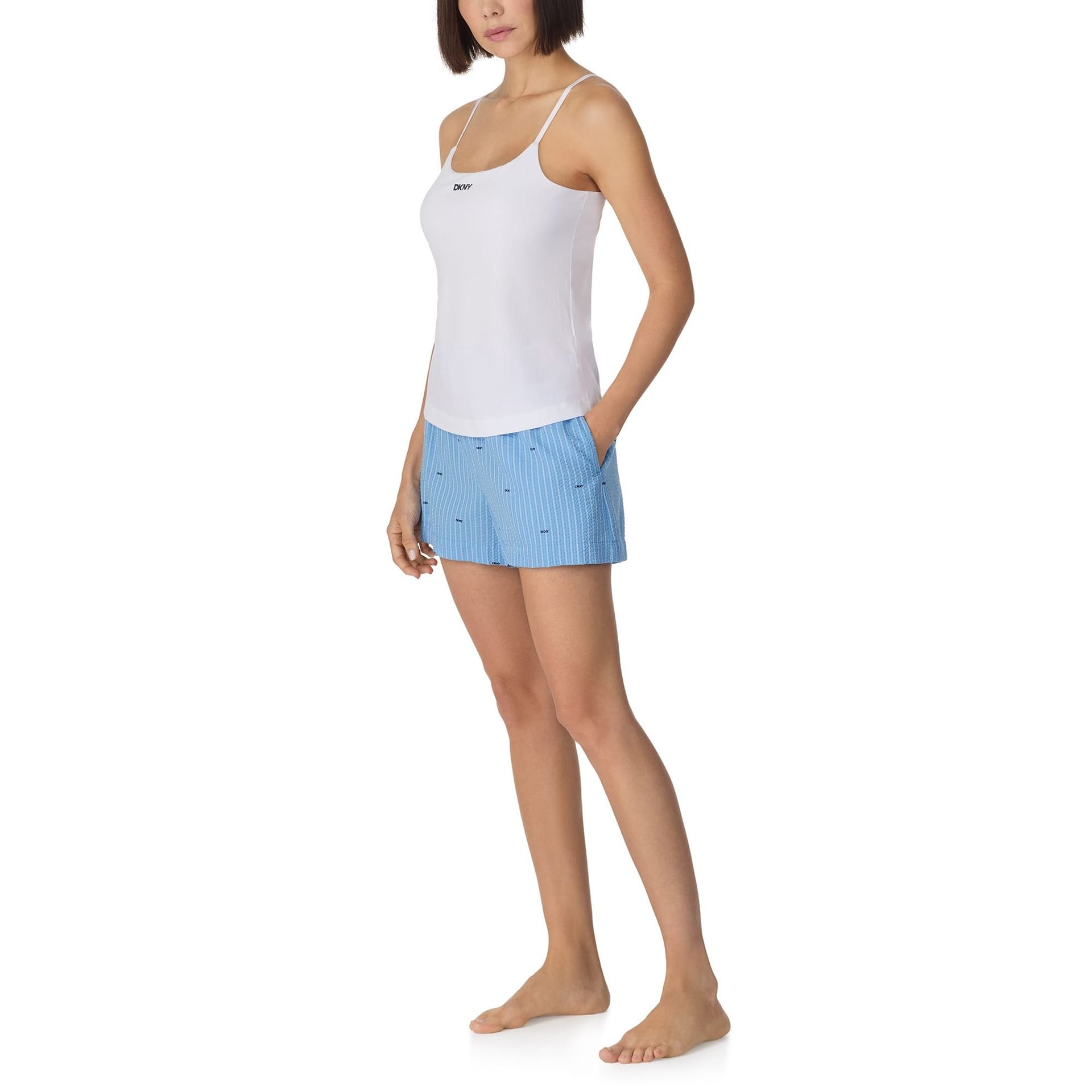 DKNY DKNY Women's Cami with shelf bra & boxer sleep set in white & blue logo stripe - 4