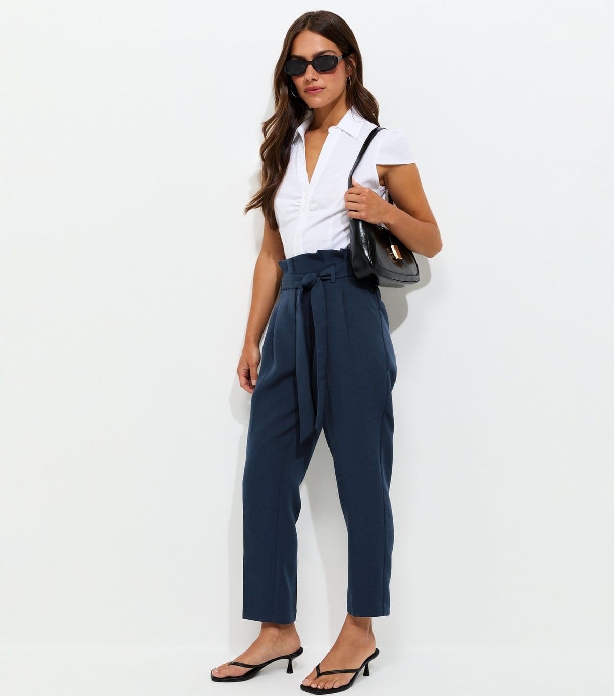 New Look Petite Navy Woven Paperbag Waist Trousers