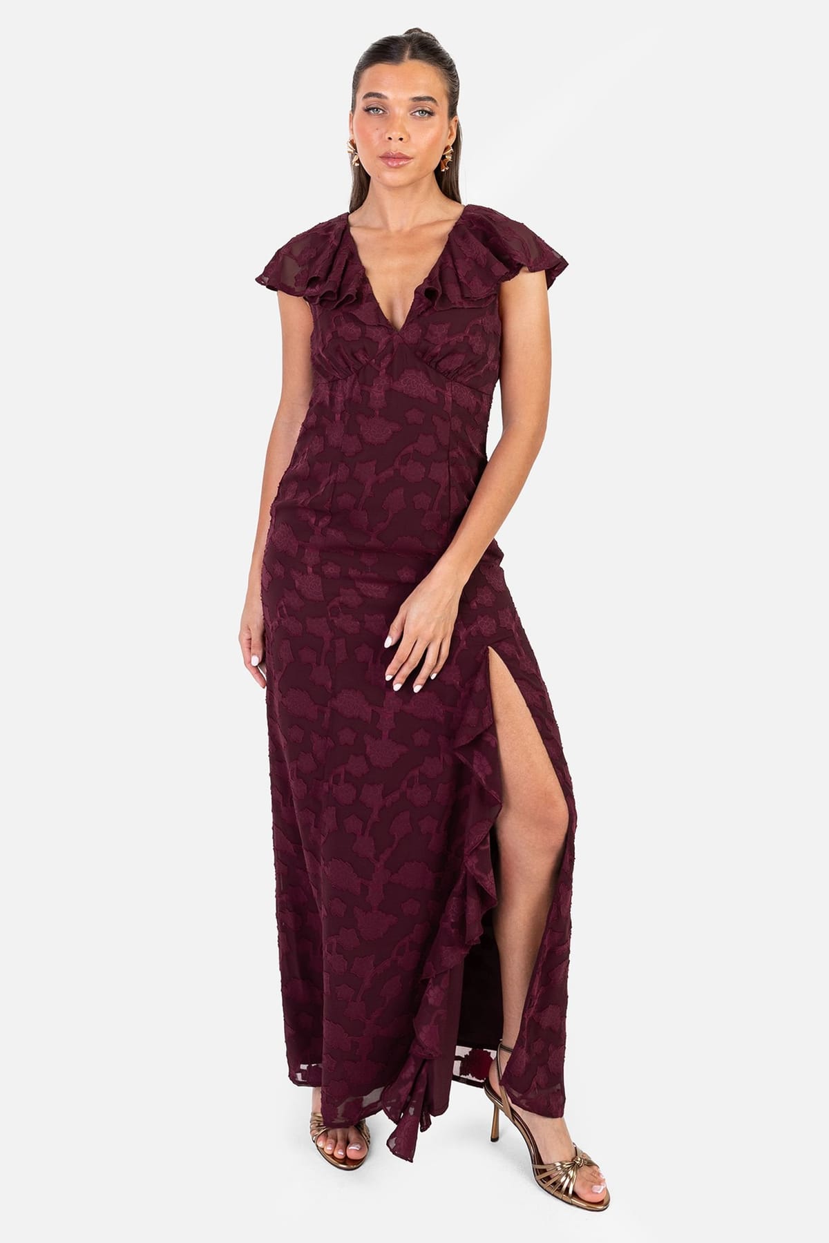 Anaya with Love Anaya with Love Women's Floral Burnout Cape Sleeve Ruffle Maxi Dress in Red - 1