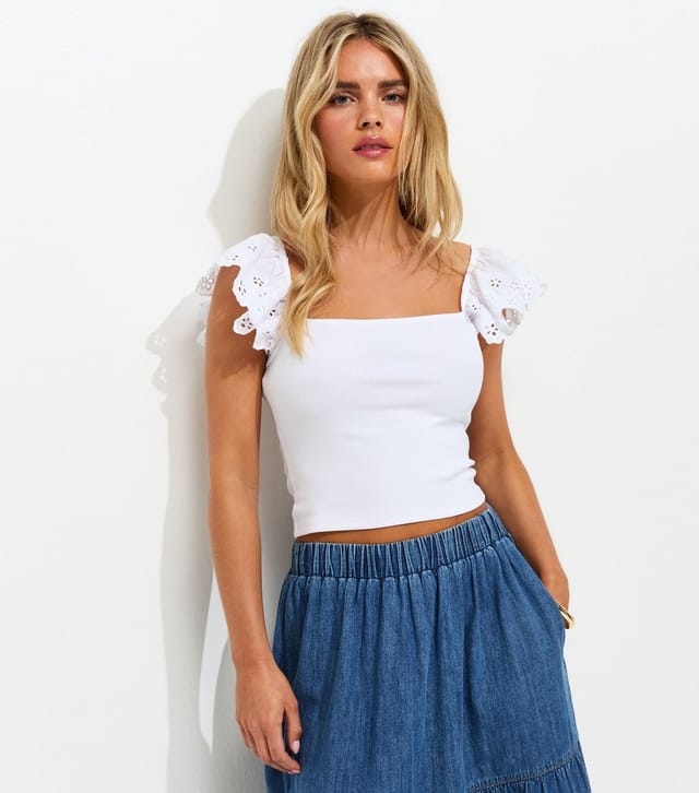 New Look Women's Petite White Broderie Frill Sleeve Ribbed Top New Look - 2