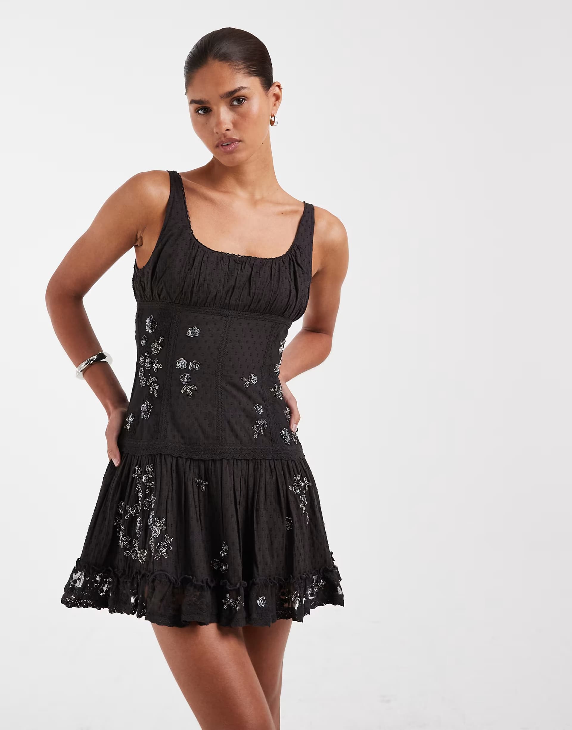 ASOS ASOS DESIGN scoop neck mini dress with sheer lace panels and floral embellishment in washed charcoal