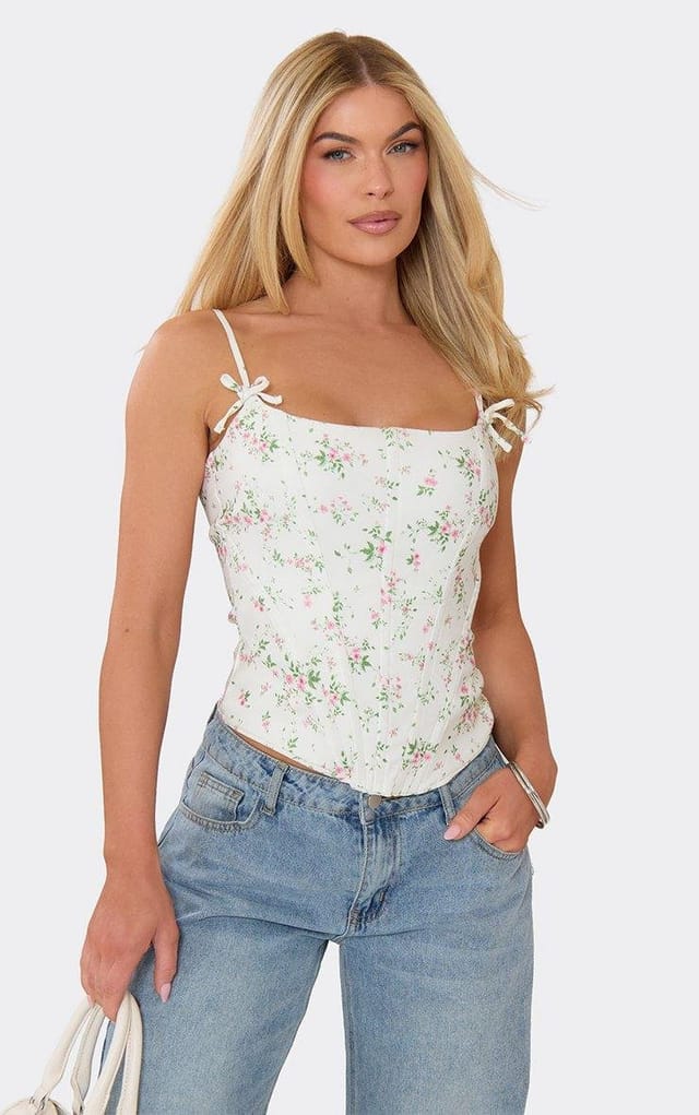 EGO Scoop Neck Strappy Corset Top In White Ditsy Floral Print, Women's Size UK 6 - 2