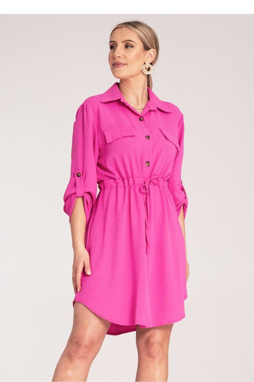Love Lace Love Lace Women's Classic Button Shirt Dress with Waist Tie Sleeves in Fuchsia - 1
