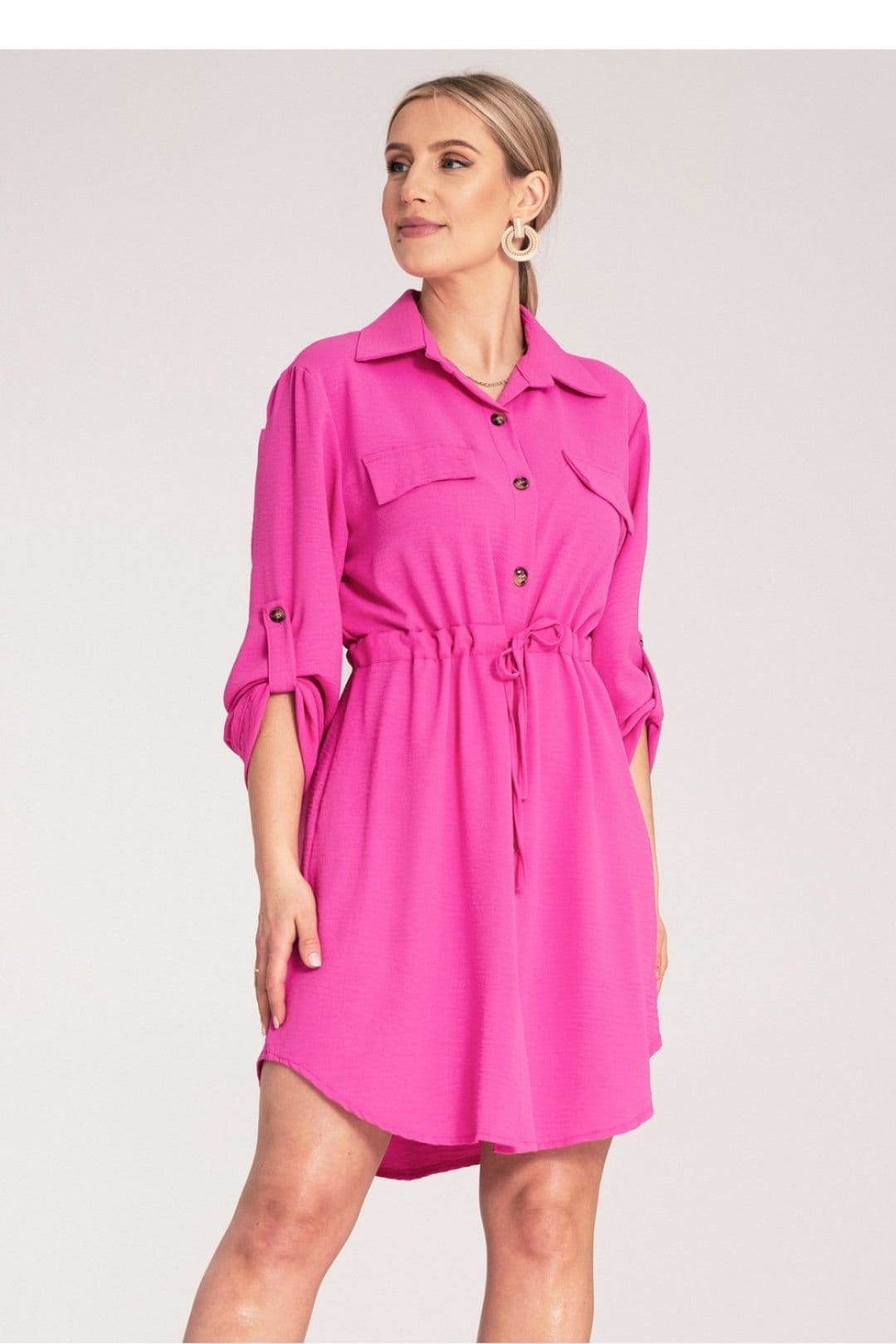 Love Lace Fuchsia Classic Button Shirt Dress with Waist Tie