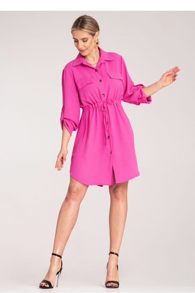 Love Lace Love Lace Women's Classic Button Shirt Dress with Waist Tie Sleeves in Fuchsia - 2
