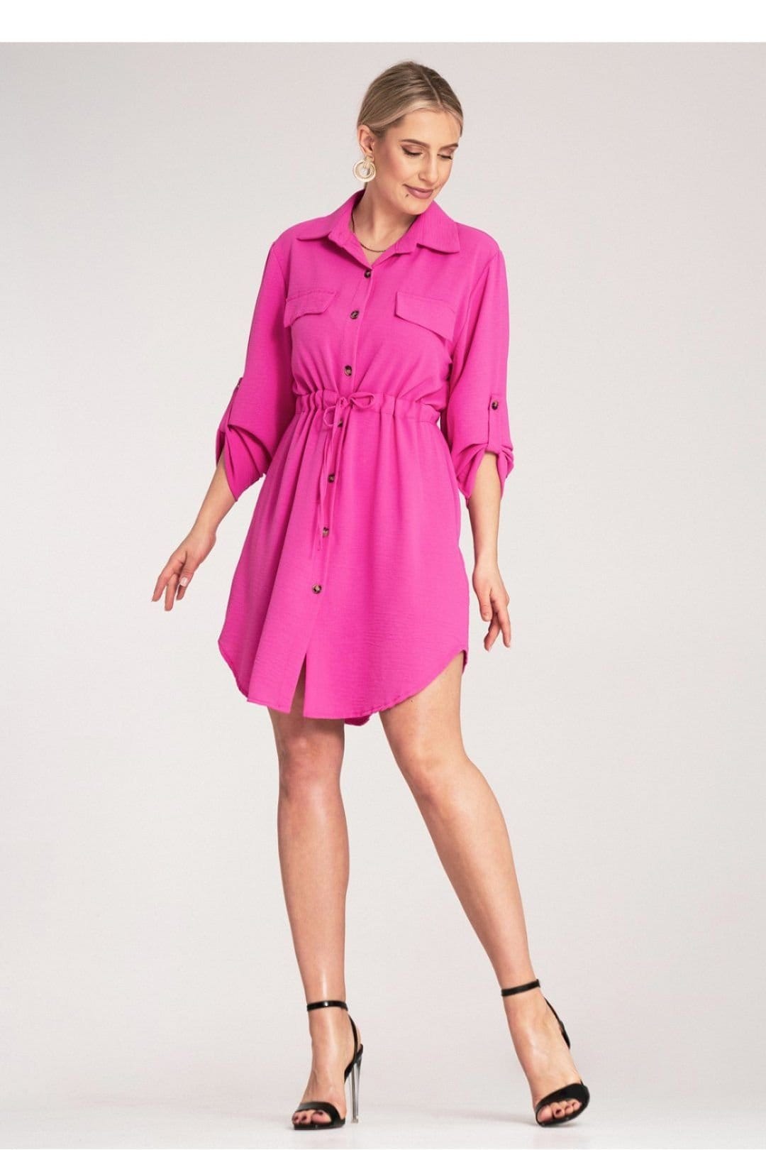 Love Lace Love Lace Women's Classic Button Shirt Dress with Waist Tie Sleeves in Fuchsia - 4