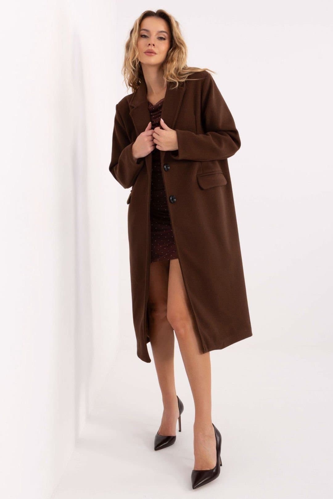 Love Lace Love Lace Women's Elegant Longline Single Breasted Coat with Pockets in Brown