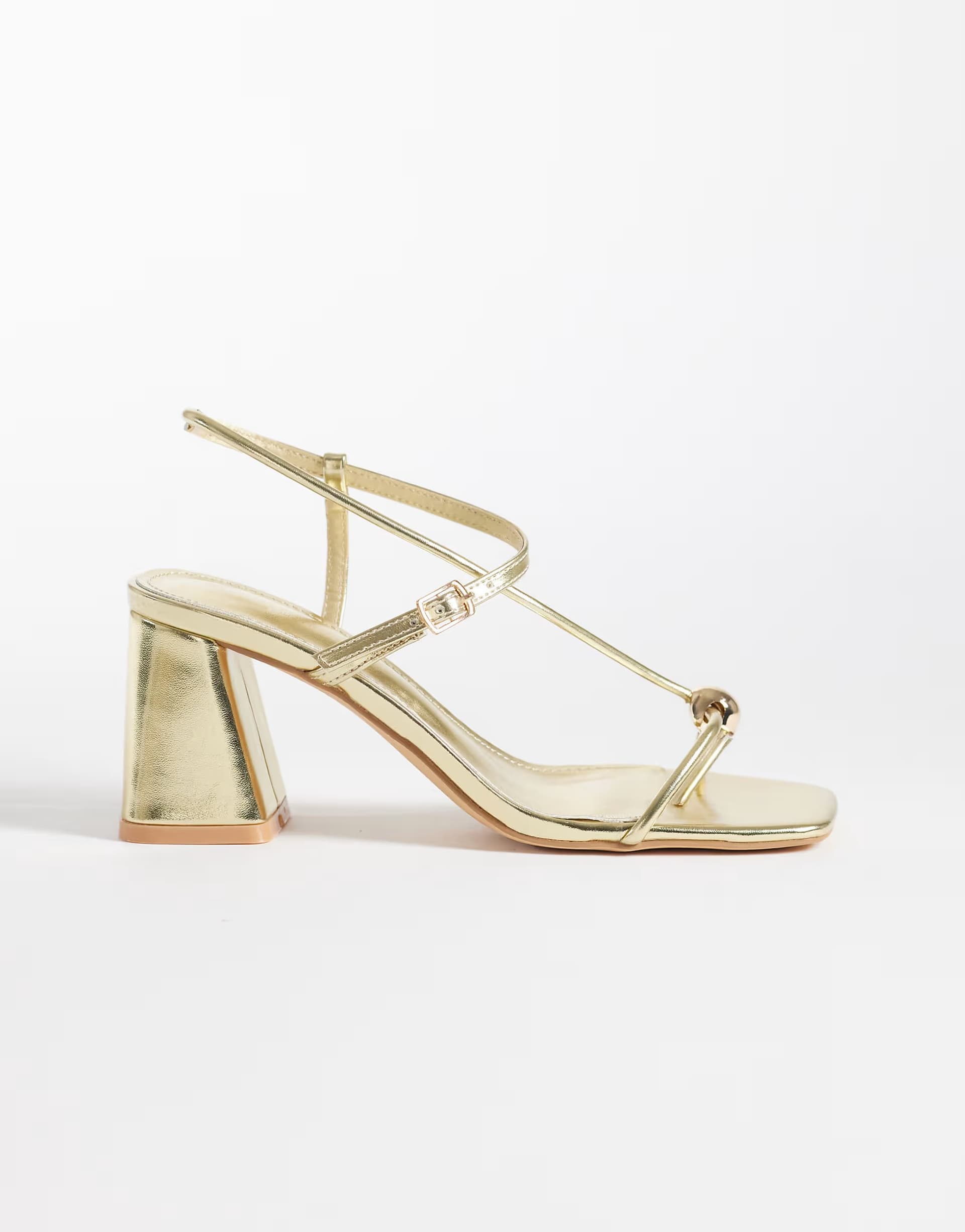 ASOS ASOS Gold Block Heeled Sandals With Metal Detail