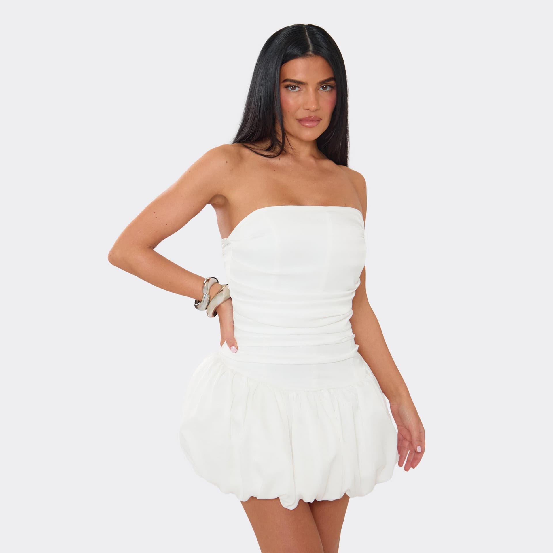 EGO Bandeau Lace Up Back Corset Puffball Mini Dress In White Woven, Women's Size UK 6