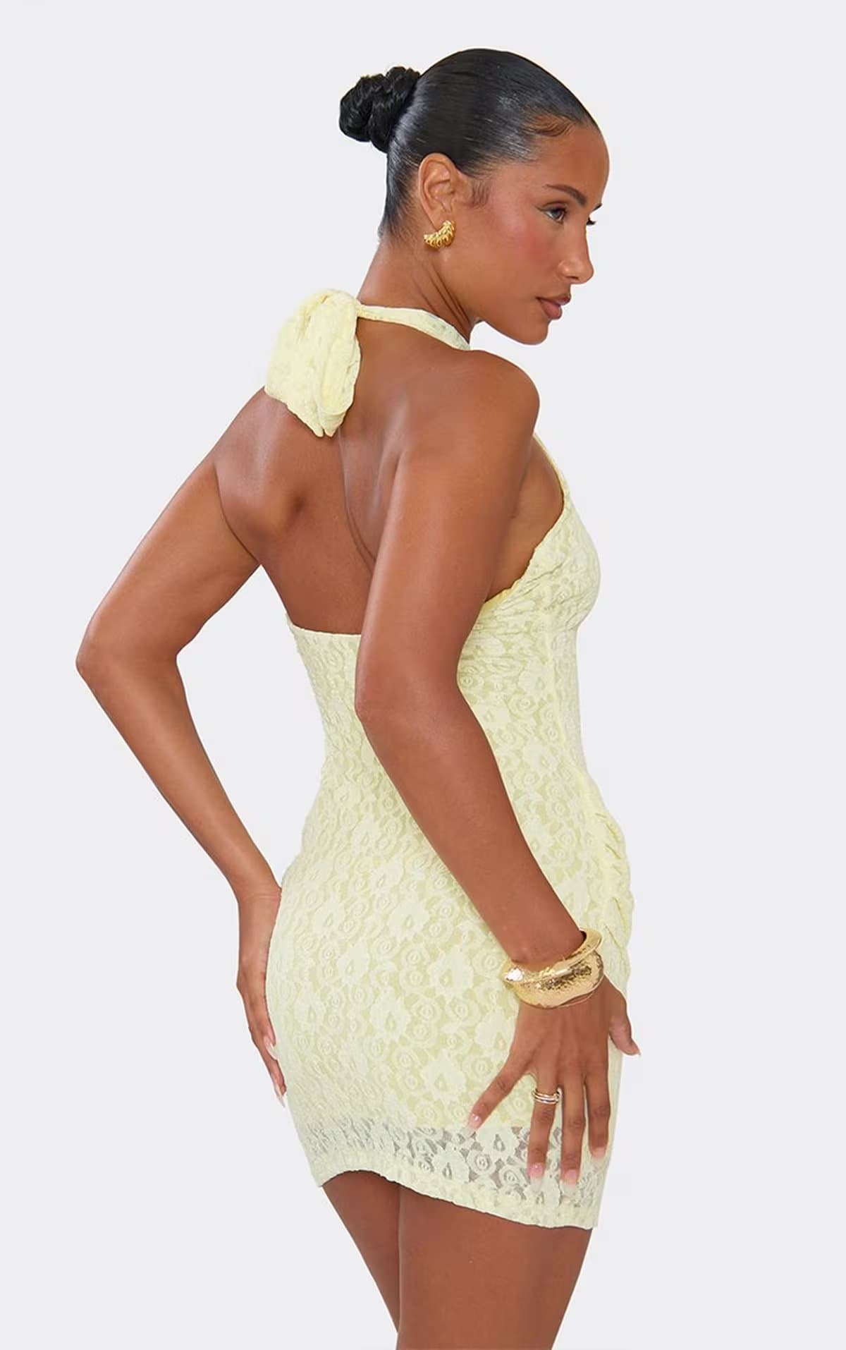 EGO Halterneck Drape Panel Mini Dress In Lemon Lace, Women's Size UK 6