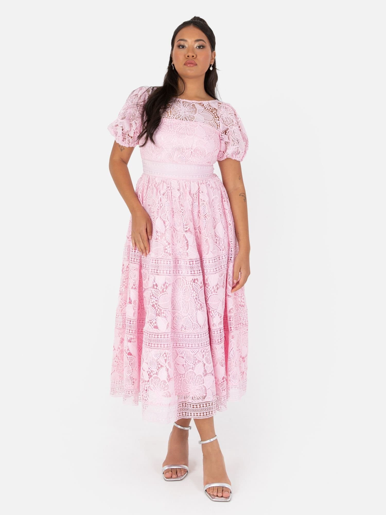Maya Deluxe Maya Deluxe Women's Floral Lace Midi Dress in Pink