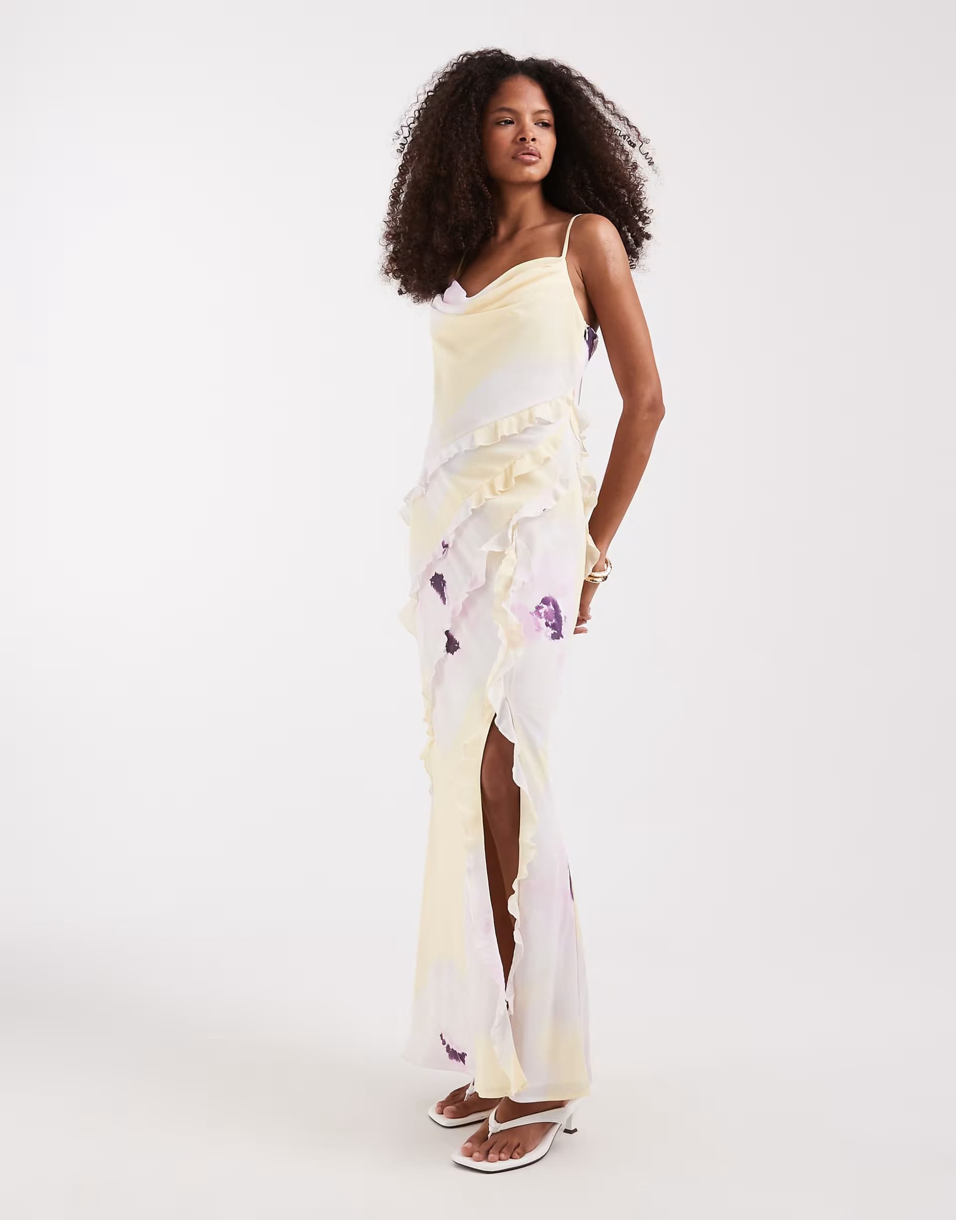 ASOS Pretty Lavish ruffle cami cowl neck maxi dress in watercolour lemon floral