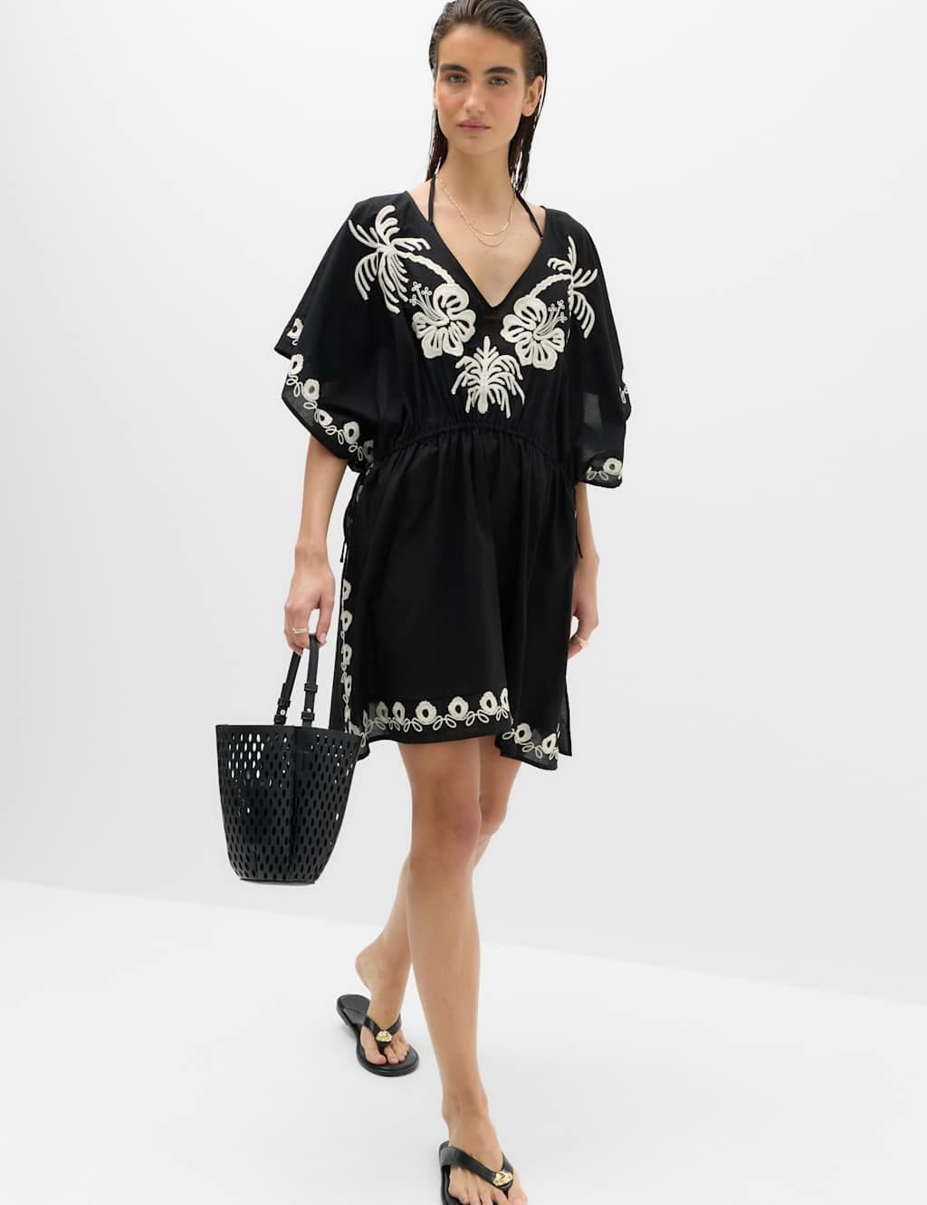 Marks & Spencer M&S Pure Cotton Embroidered Palm Placement Kaftan White Mix