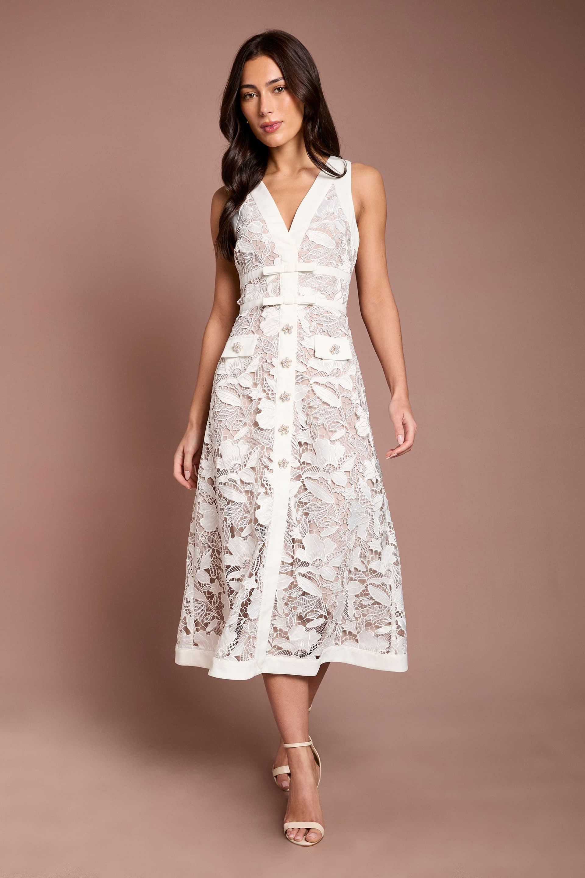 Coast Coast Women's V Neck Satin Lace Midi Dress in Ivory