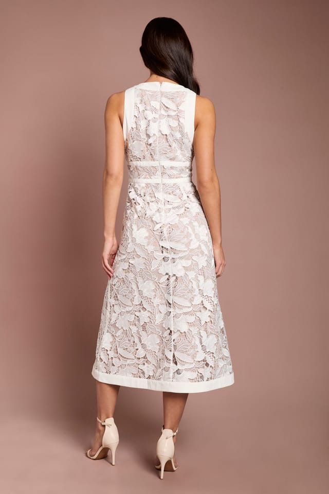 Coast Coast Women's V Neck Satin Lace Midi Dress in Ivory - 3