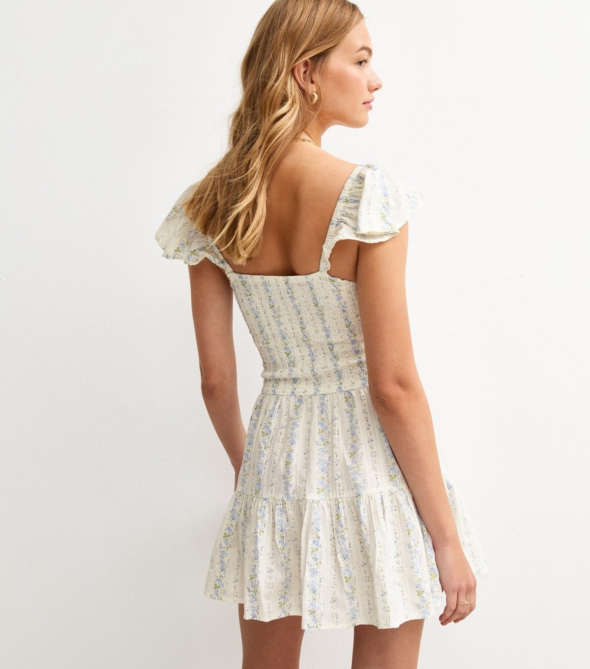 New Look Women's White Floral Print Textured Shirred Waist Tie Front Mini Dress New Look - 4