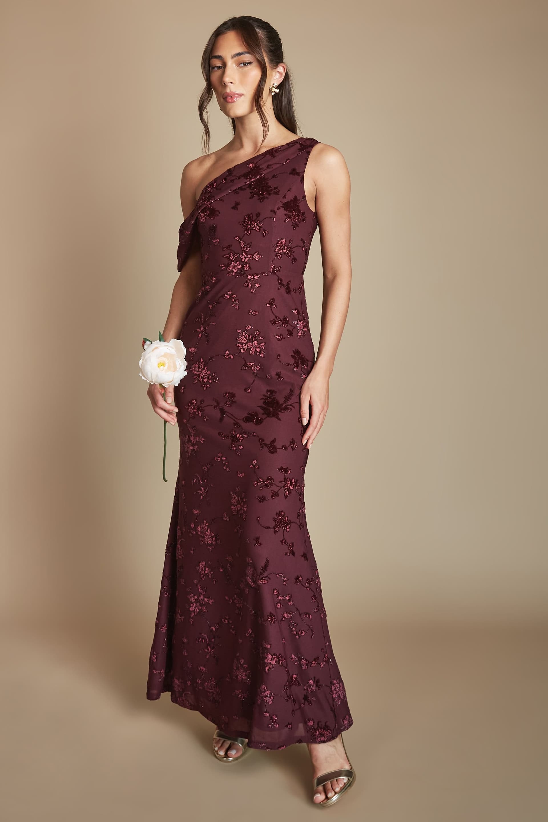 Coast Coast Women's Devore Mesh Drape Shoulder Bridesmaid Maxi Dress in Malbec
