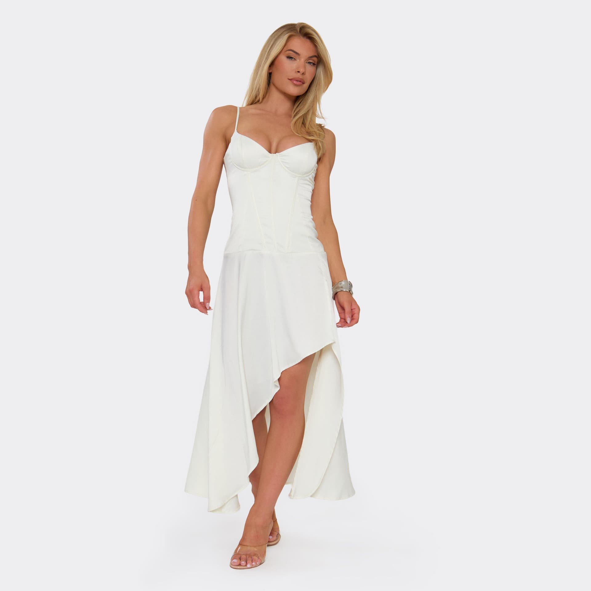 EGO Strappy Underwired Dropped Hem Split Leg Corset Midi Dress In Cream, Women's Size UK 6