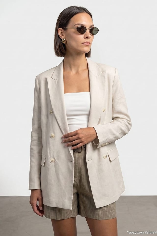 Dilvin Dilvin Women's Tencel Cotton Linen Jacket in Beige - 2