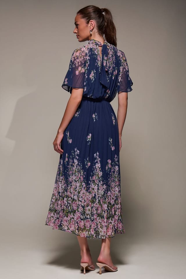 Jolie Moi Jolie Moi Women's High Neck Short Sleeve Pleated Chiffon Dress in Navy - 2