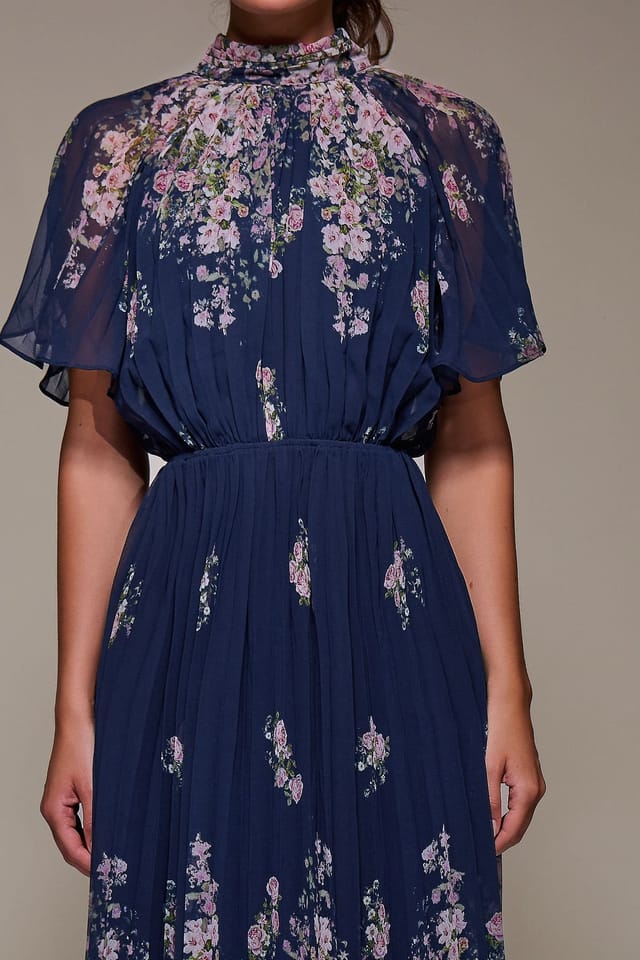 Jolie Moi Jolie Moi Women's High Neck Short Sleeve Pleated Chiffon Dress in Navy - 3