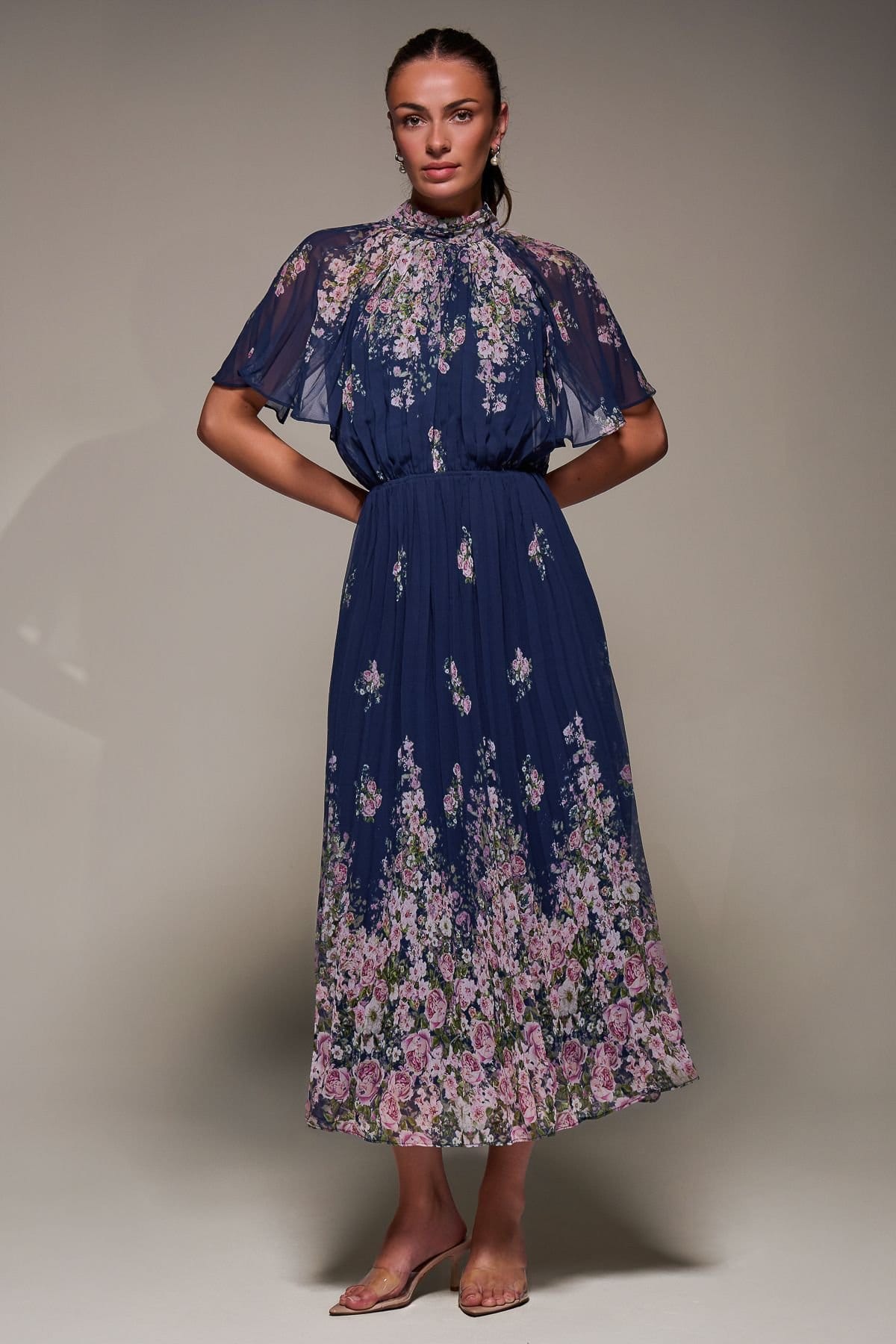 Jolie Moi Jolie Moi Women's High Neck Short Sleeve Pleated Chiffon Dress in Navy - 4