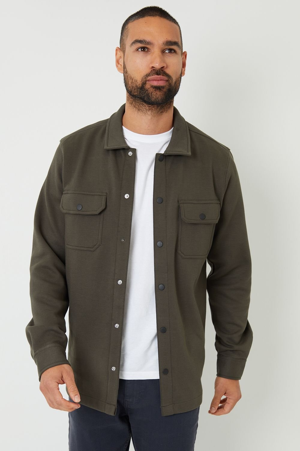 Threadbare Threadbare Men's Cotton Blend Popper Fastening Pique Shacket in Khaki - 1