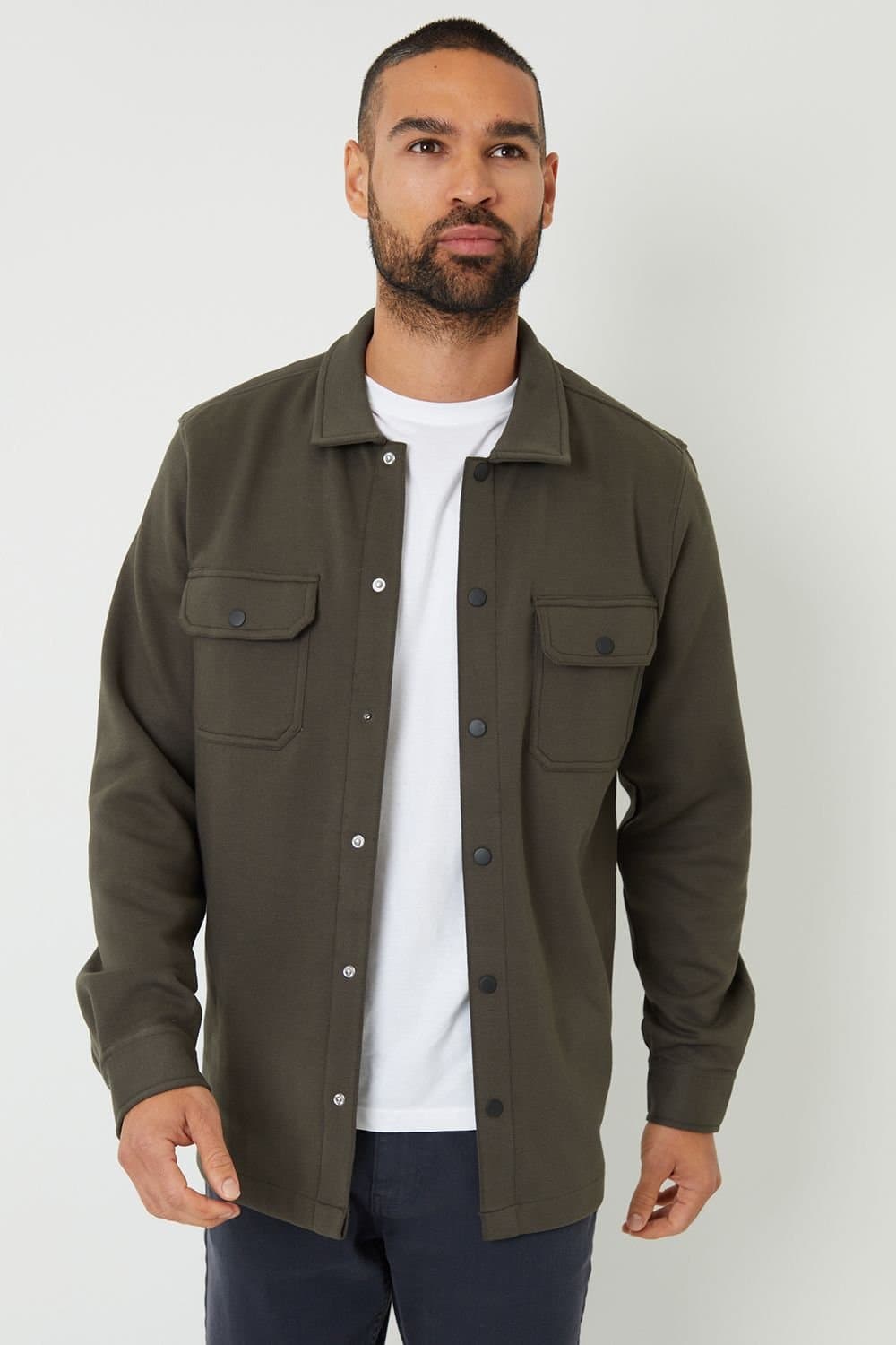 Threadbare Threadbare Men's Cotton Blend Popper Fastening Pique Shacket in Khaki
