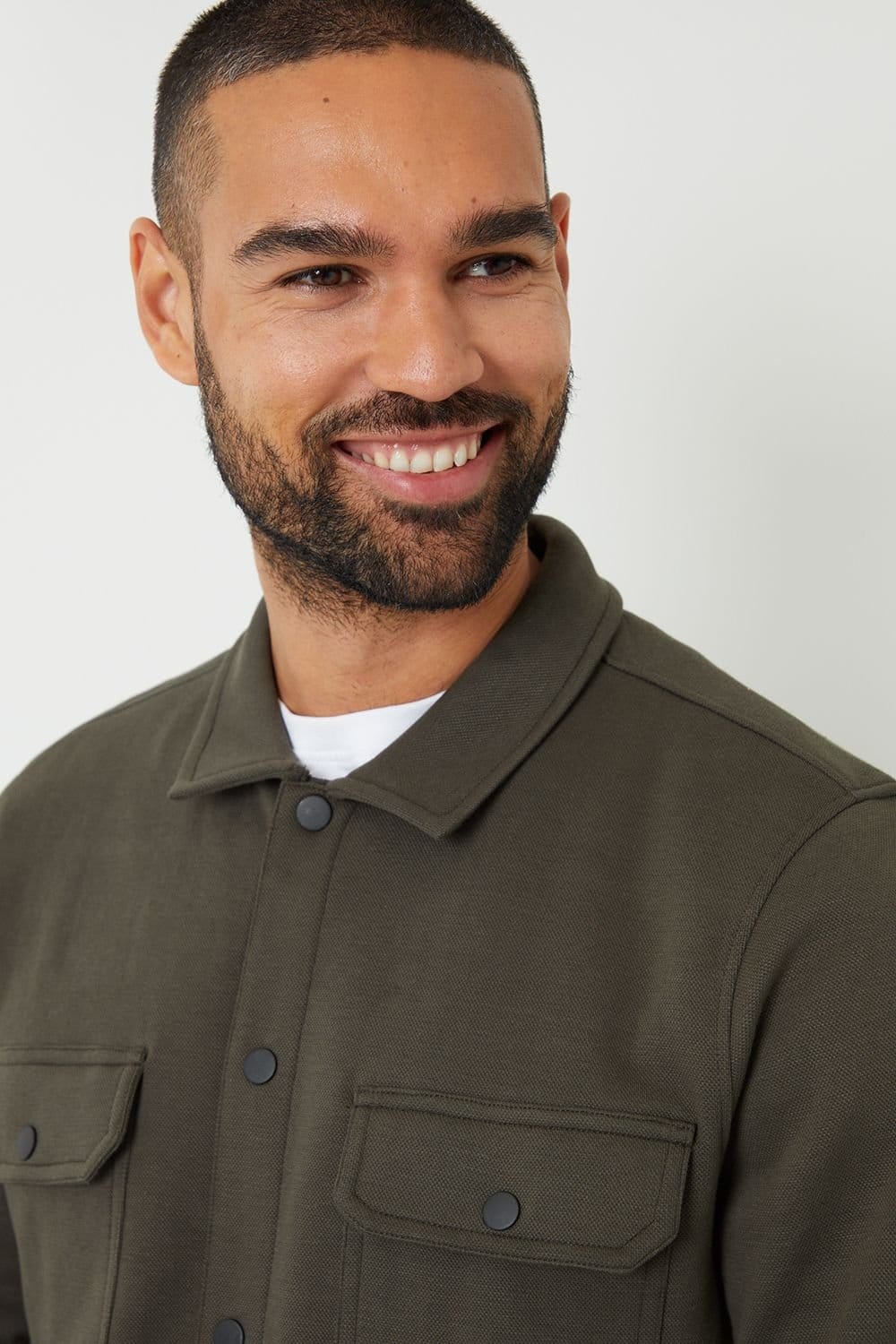 Threadbare Threadbare Men's Cotton Blend Popper Fastening Pique Shacket in Khaki - 4