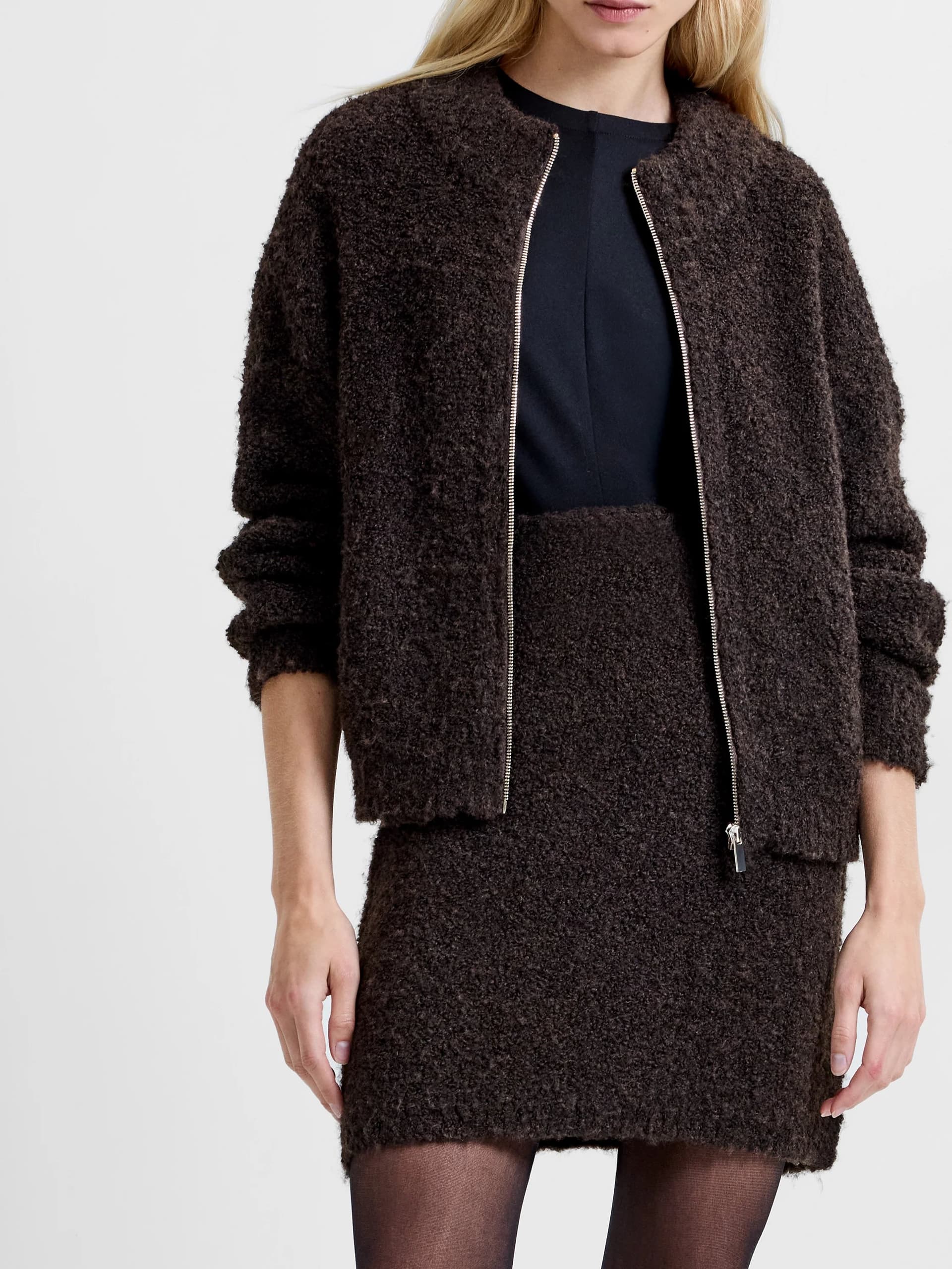 French Connection Renee Boucle High Waisted Mini Skirt Bitter Chocolate Brown