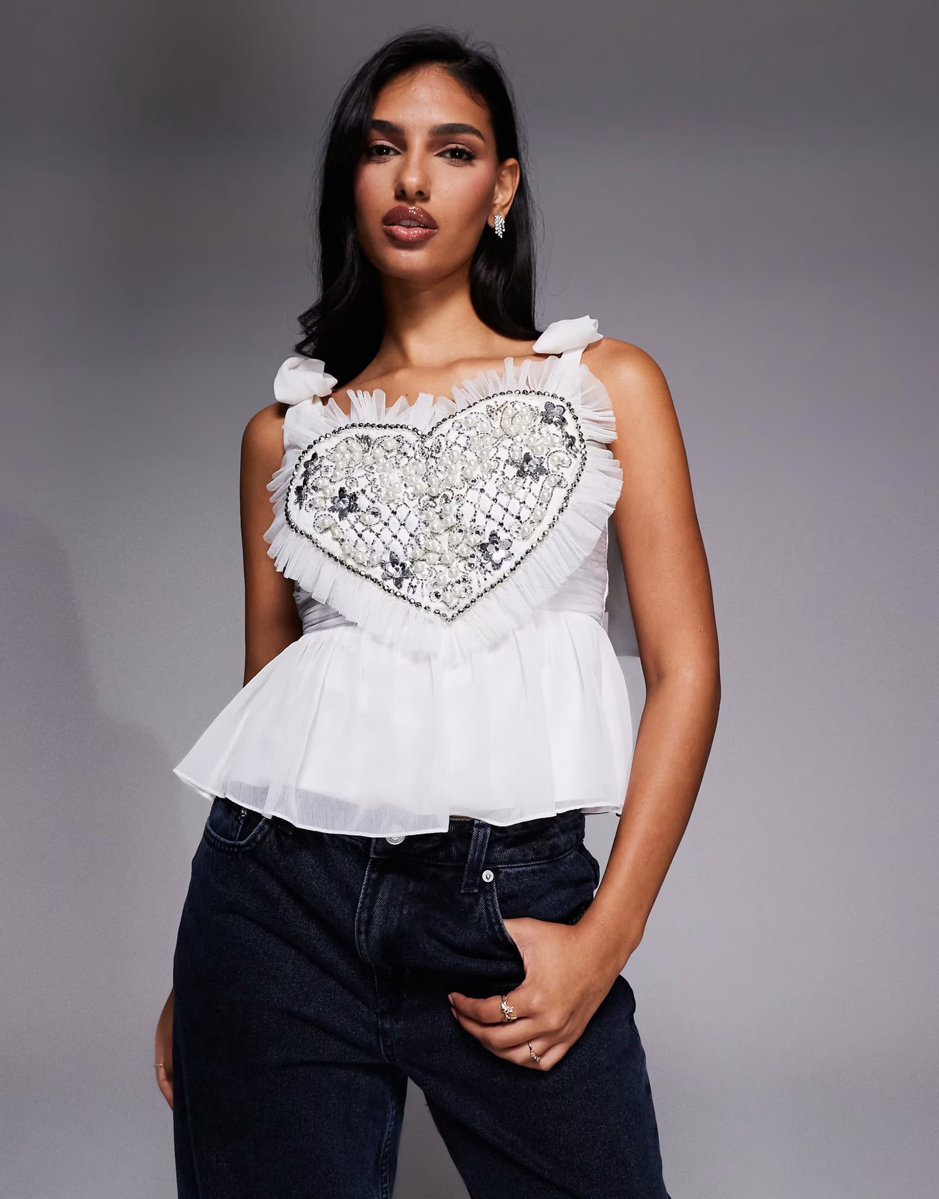 ASOS ASOS LUXE heart embellished peplum top with bow shoulder detail in white