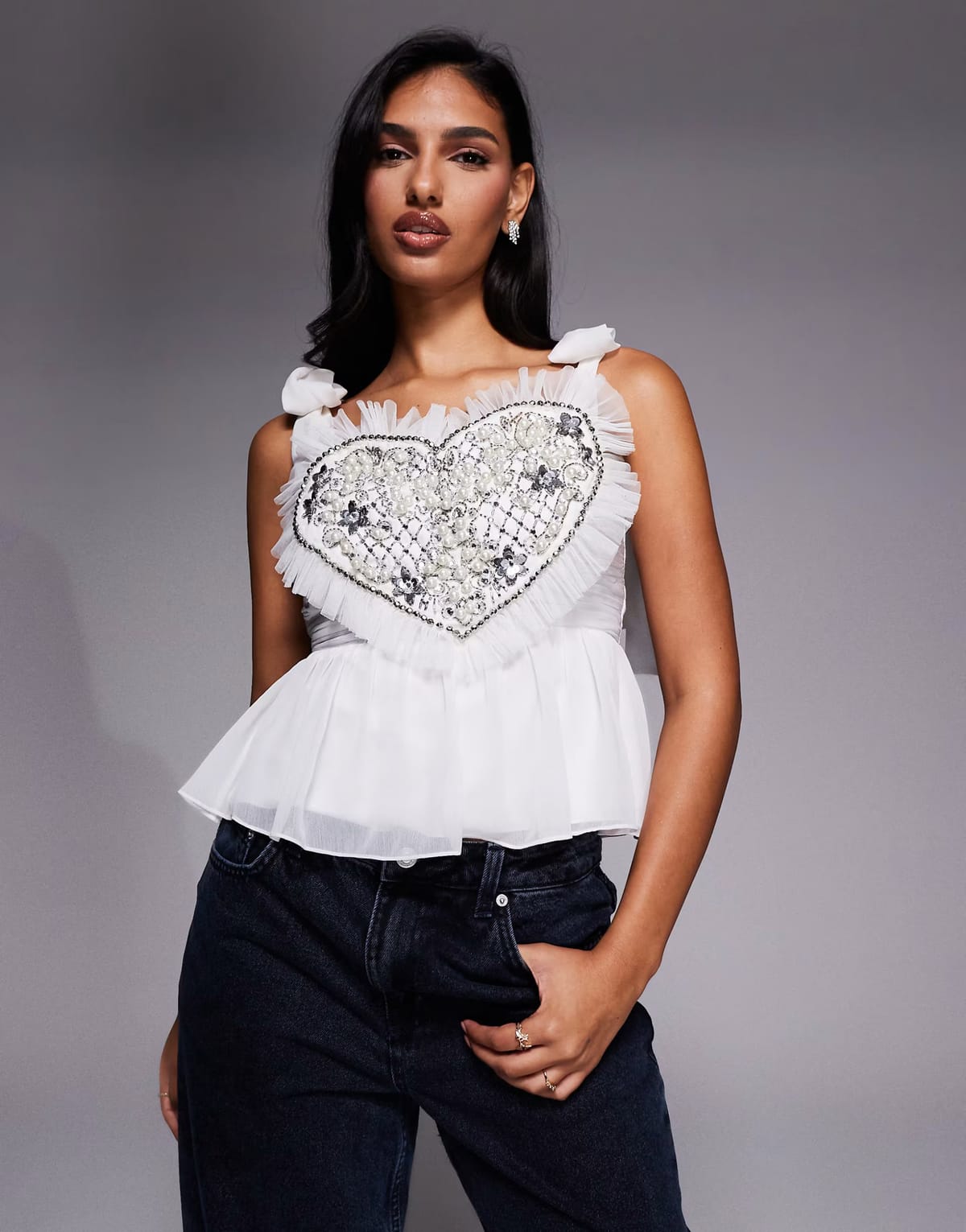 ASOS ASOS LUXE heart embellished peplum top with bow shoulder detail in white - 1