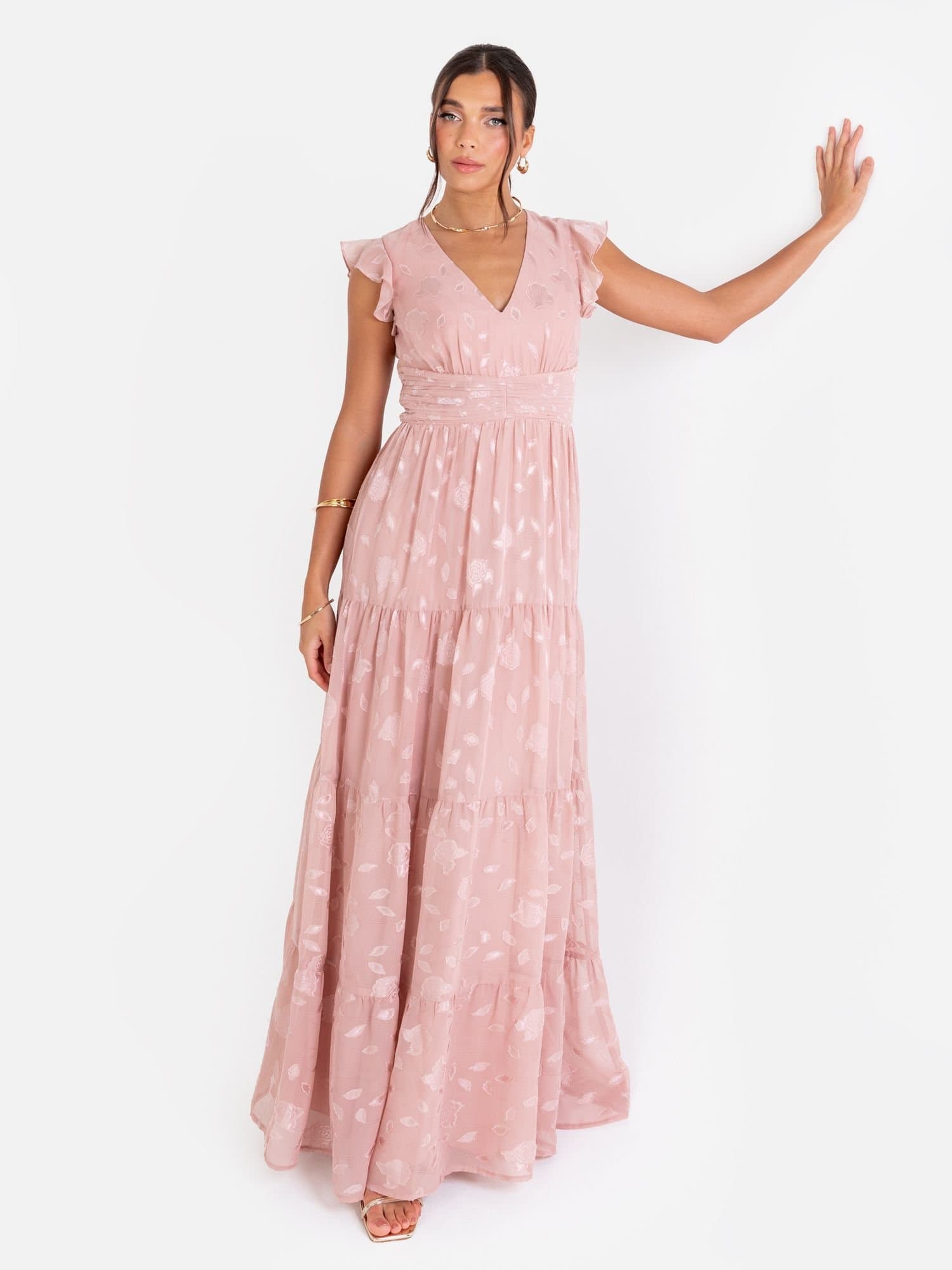 Maya Deluxe Maya Deluxe Women's Floral Flutter Sleeve V Neck Maxi Dress in Pink