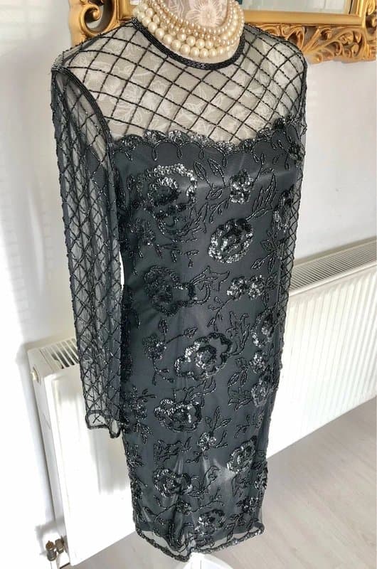 Vintage Dressing Vintage Y2K Frank Usher designer Black Beaded Gown Dress Size 14