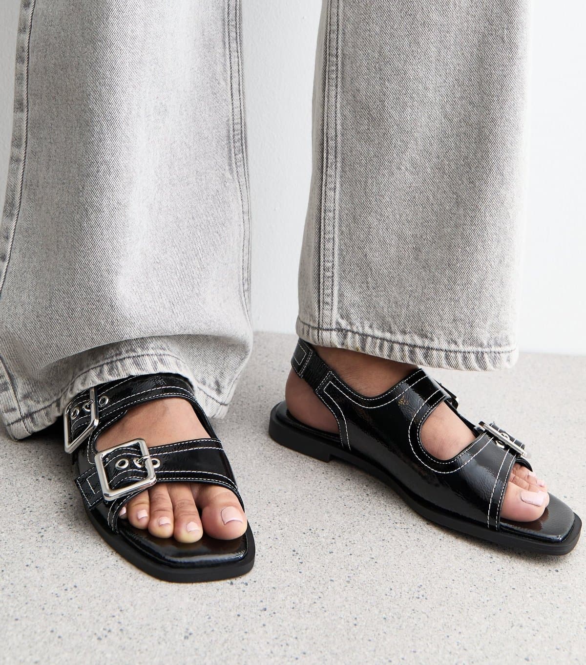 New Look Women's Black Faux Leather Contrast Stitch Slingback Sandals Vegan New Look