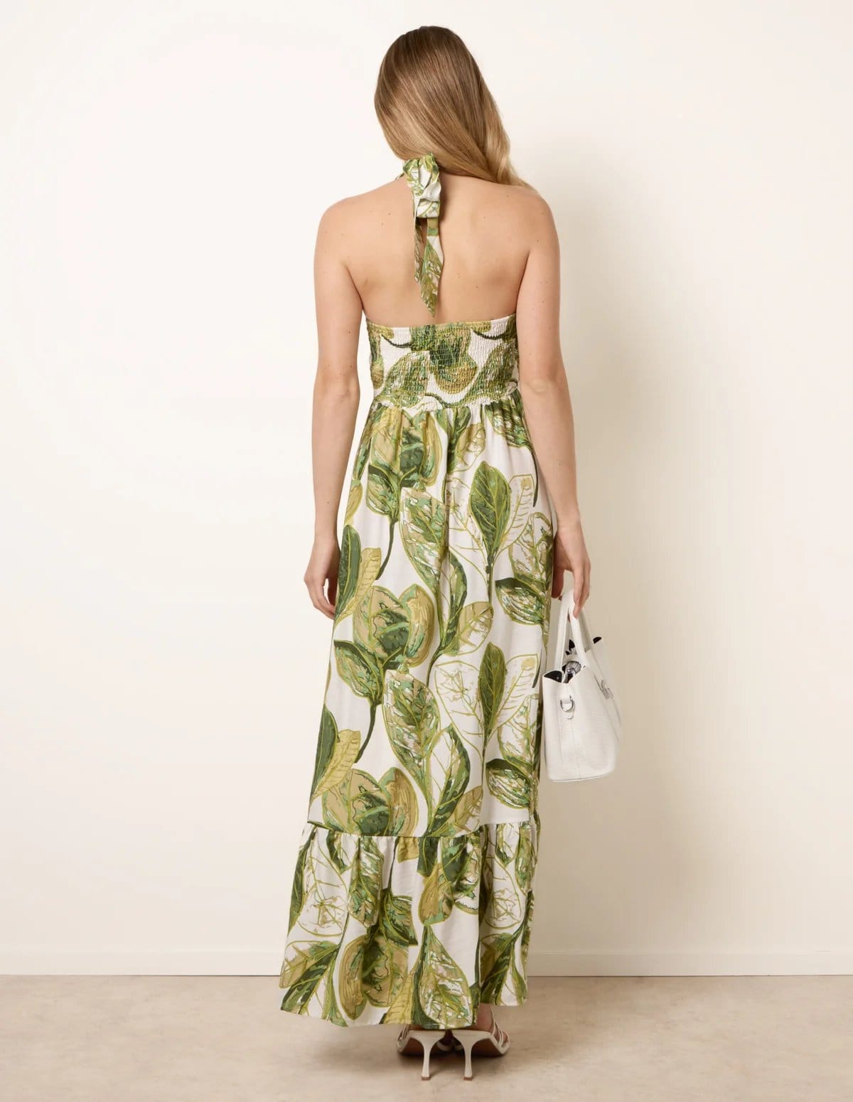 Blue Vanilla Leaf Print Halter Neck Dress - 4