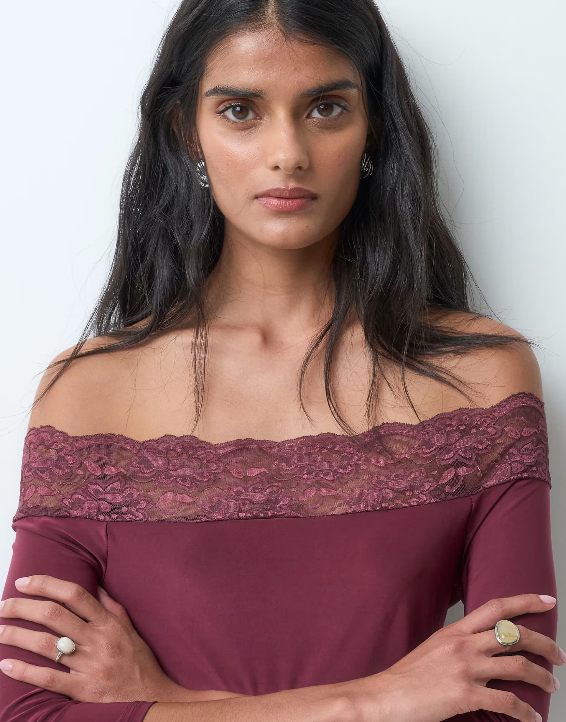 ASOS Miss Selfridge bardot top with lace trim in plum