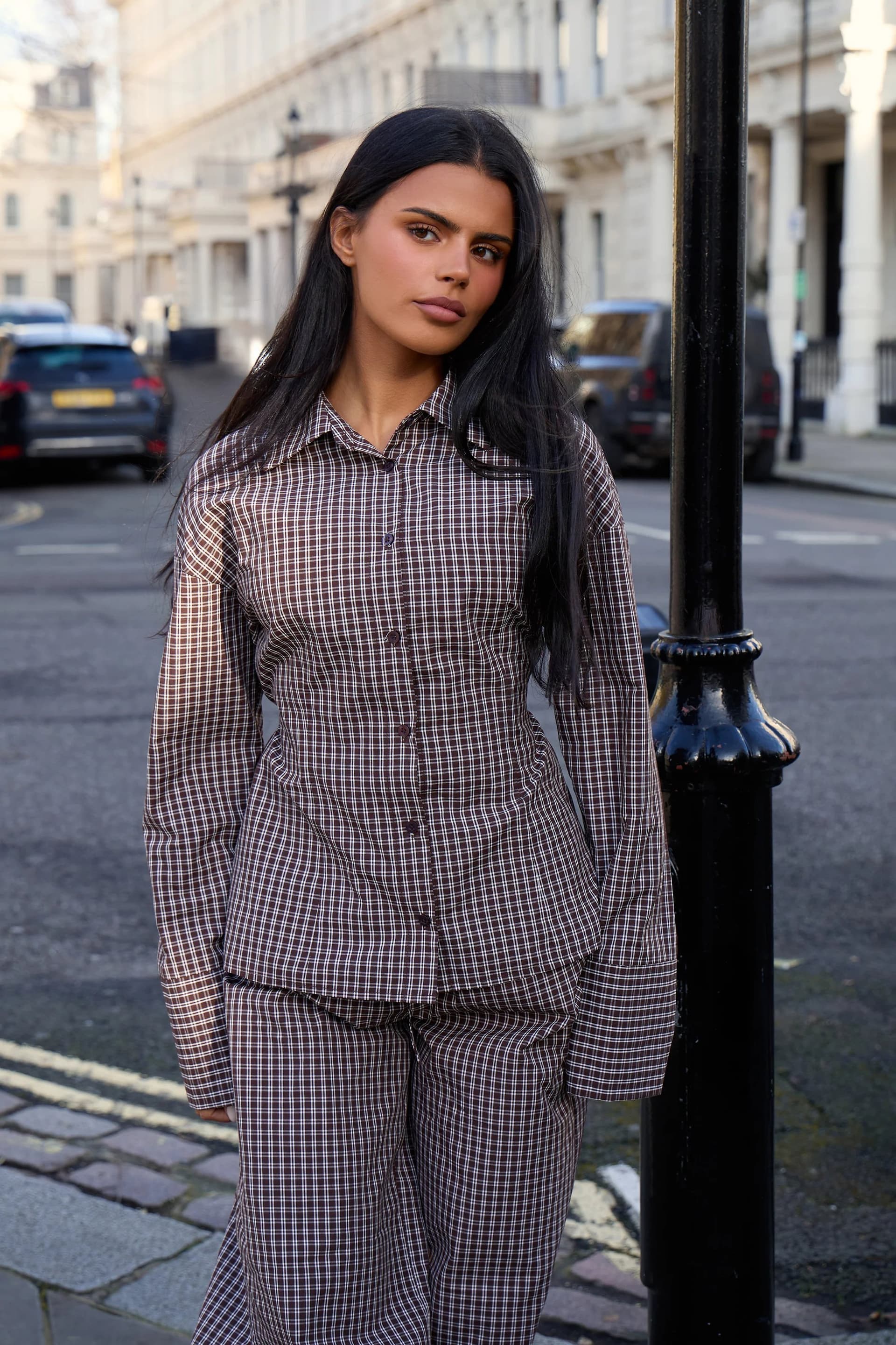 Kaiia Kaiia Woven Check Fitted Shirt Chocolate Brown