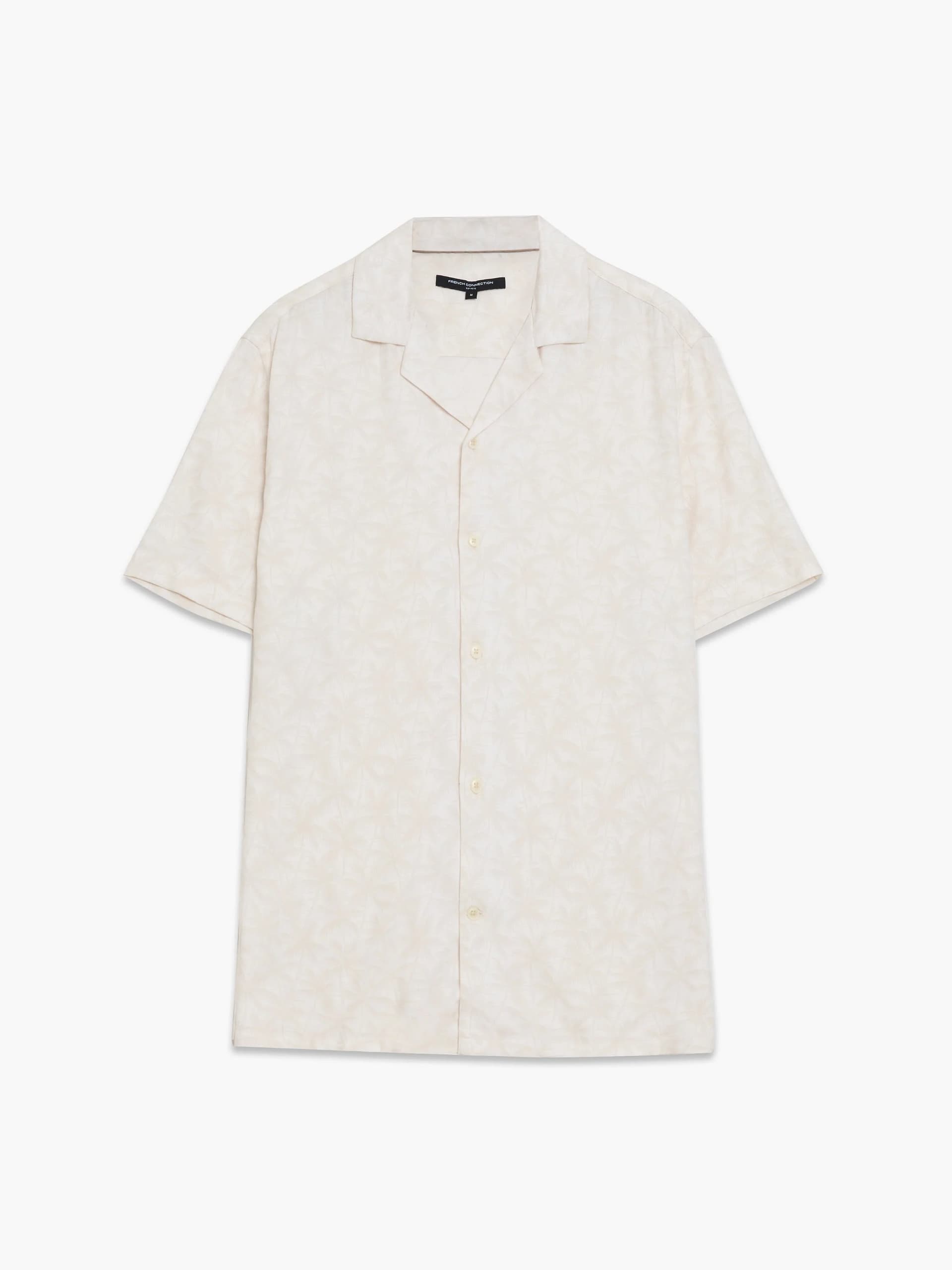 French Connection Short Sleeve Cream Palm Tree Print Holiday Shirt Cream White/Bone White