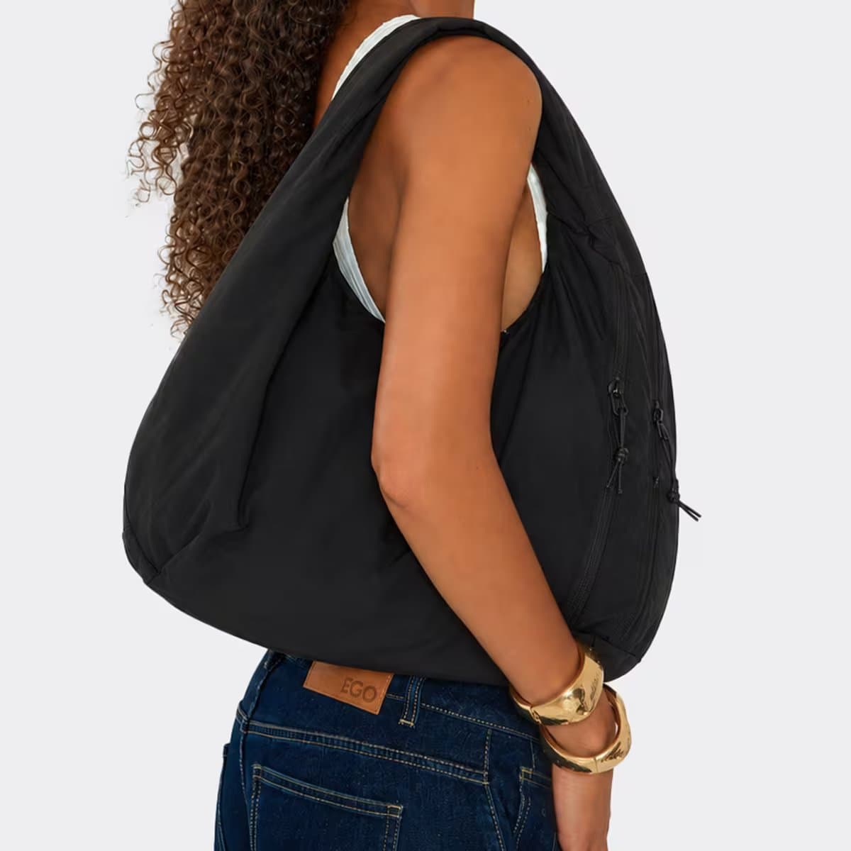 EGO Ailean Zip Detail Oversized Shoulder Bag In Black Nylon, Women's Size UK 0